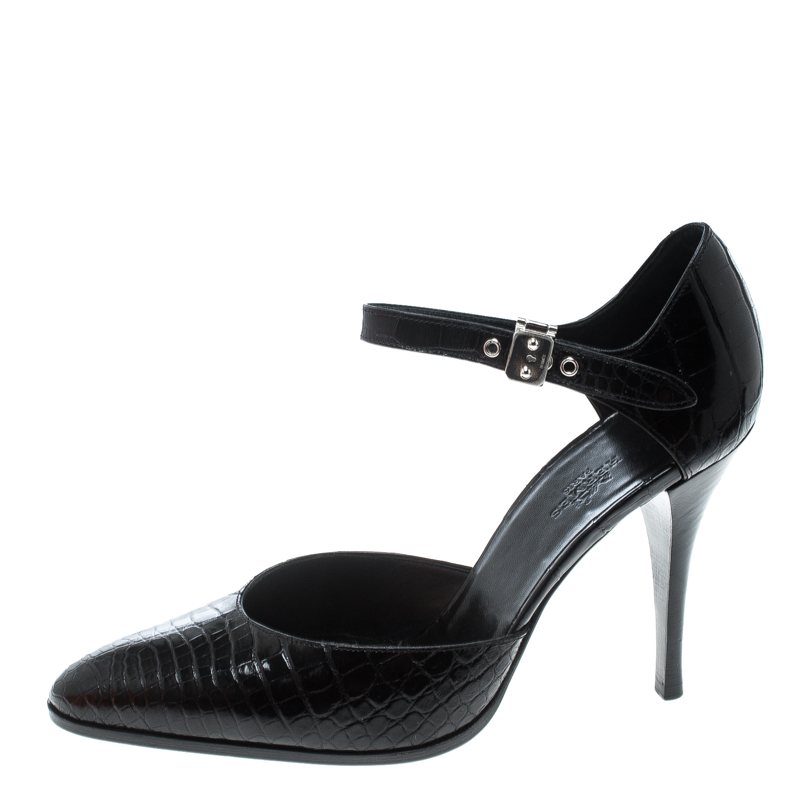 

Hermes Black Crocodile Leather Ankle Strap Pumps Size