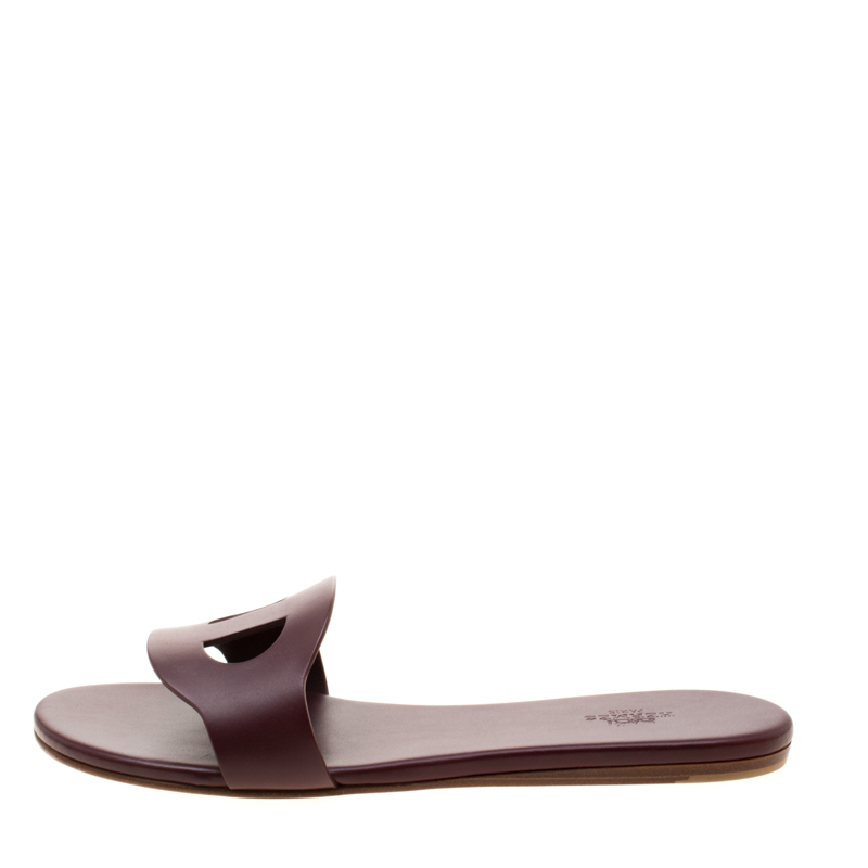 

Hermes Burgunday Leather Lisboa Flat Slides Size, Burgundy