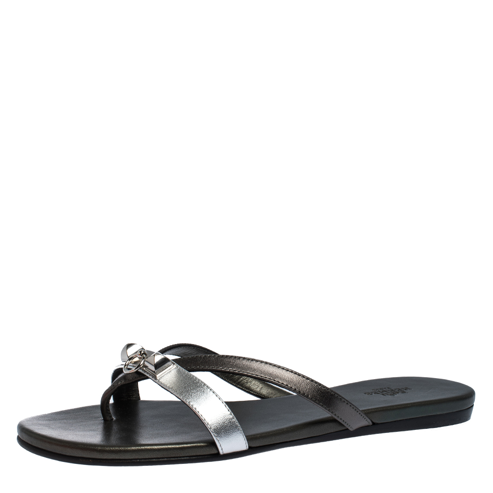 Hermes Metallic Silver/Black Leather Corfu Thong Sandals Size 37