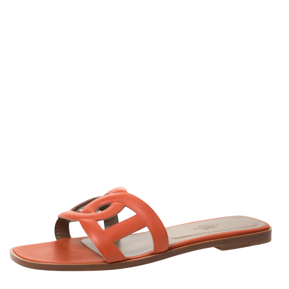 Pre Owned Hermes Orange Leather Omaha Flat Slides Size 39.5