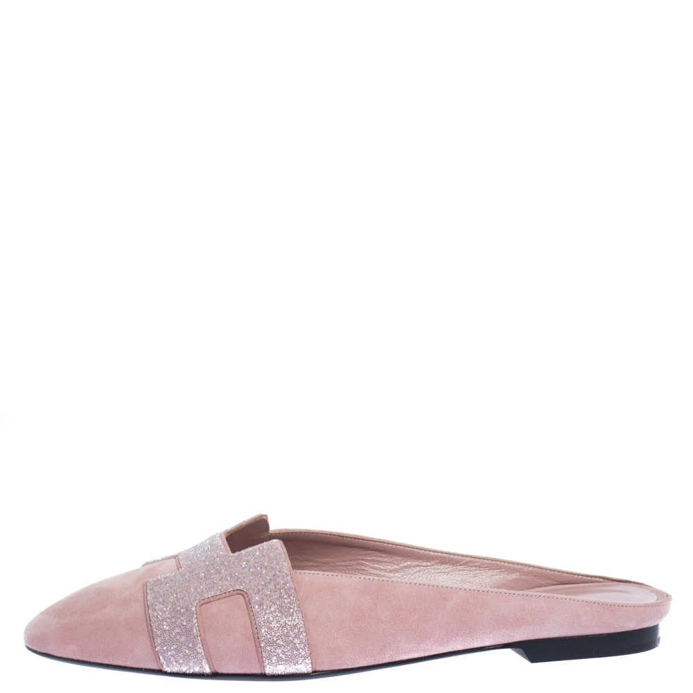 

Hermes Pink Suede Roxane Flat Mules Size