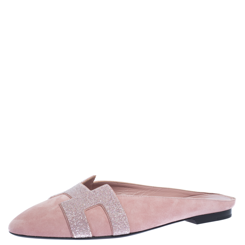 Hermes Pink Suede Roxane Flat Mules Size 38.5
