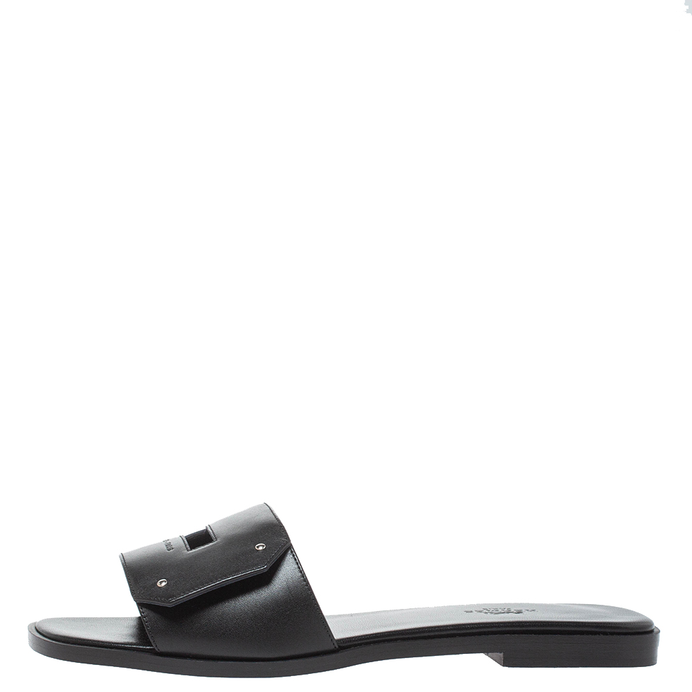 

Hermes Black Leather View Slide Sandals Size