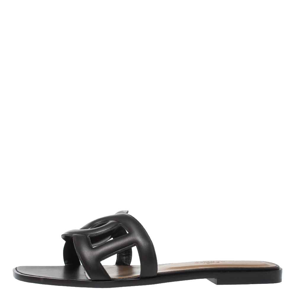 

Hermes Black Leather Omaha Flat Slides Size