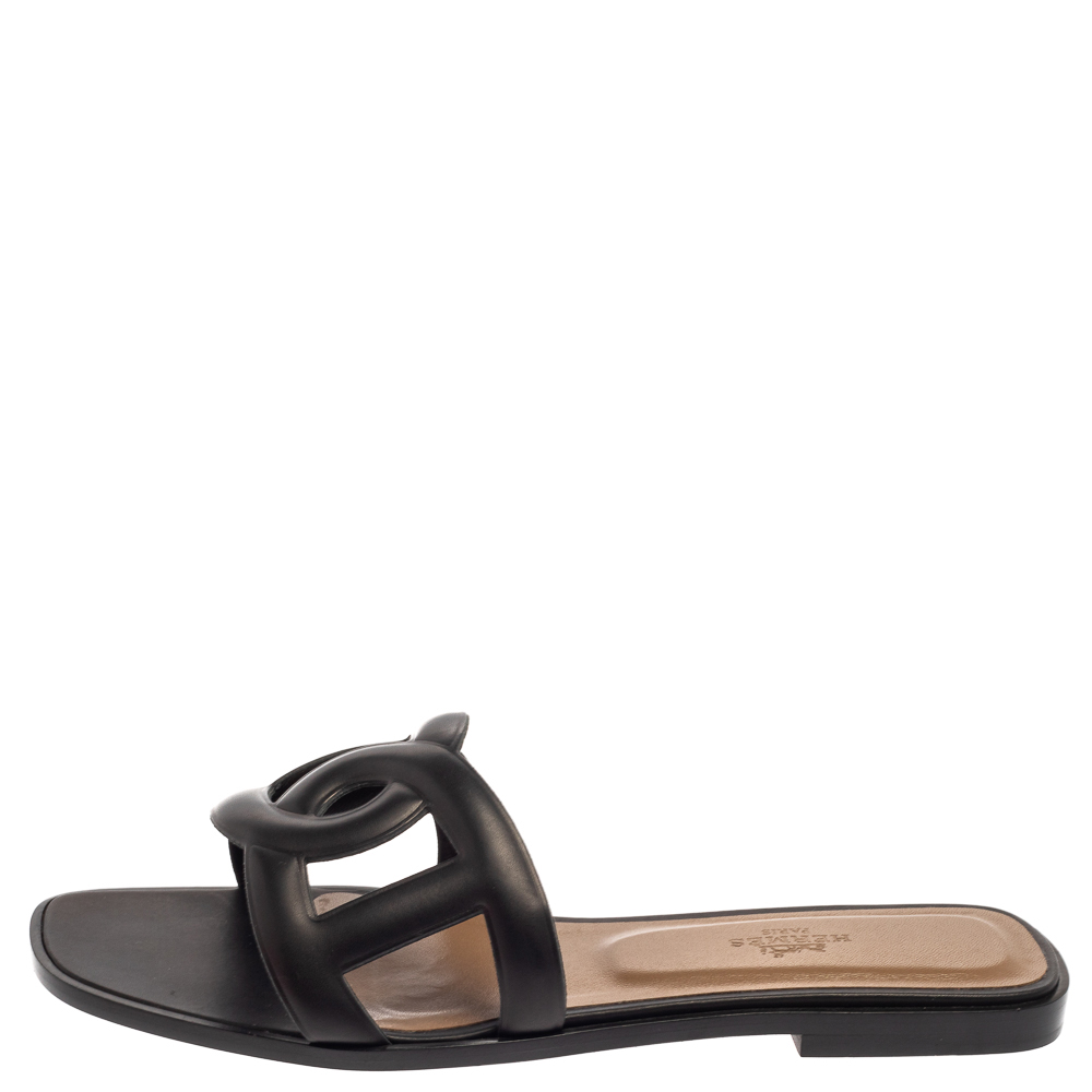 

Hermes Black Leather Omaha Flat Slides Size