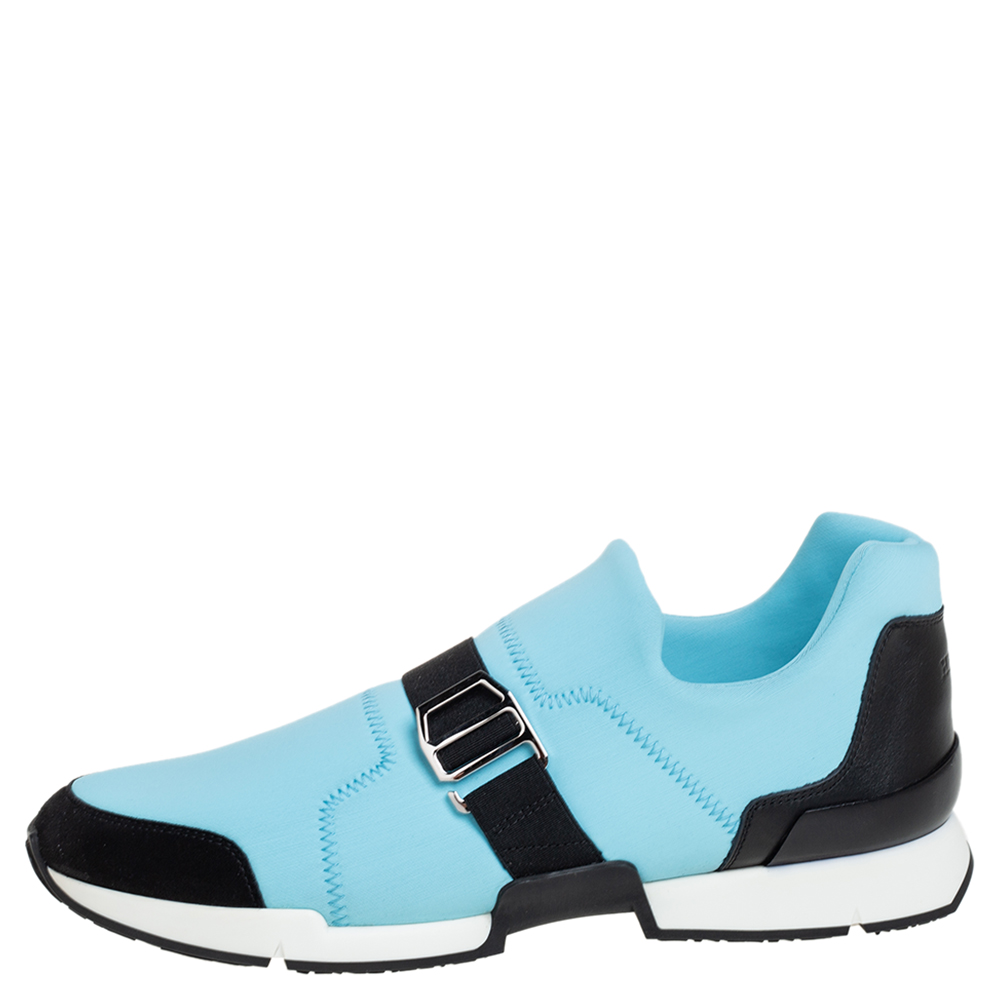 

Hermes Blue/Black Neoprene And Suede Run Round Toe Sneakers Size