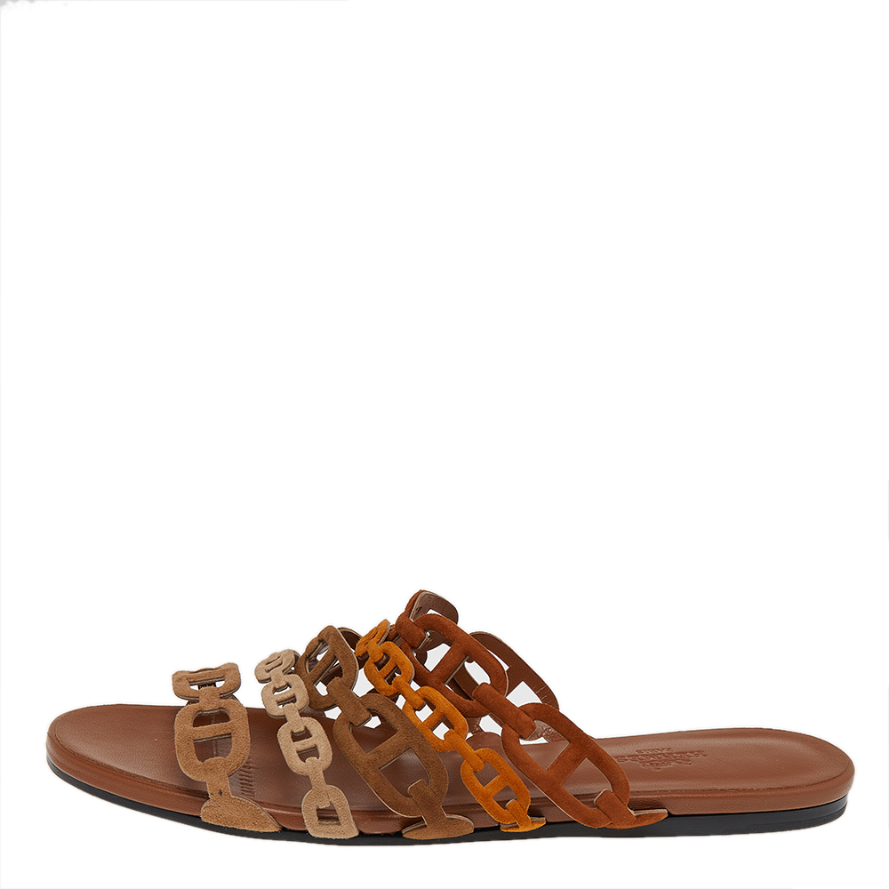 

Hermes Brown Suede D'ancre Chaine Flat Slide Sandals Size