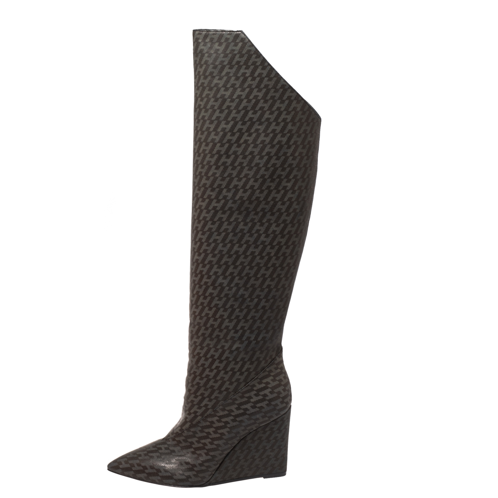 

Hermes Grey/Black Monogram Leather Wedge Over The Knee Boots Size