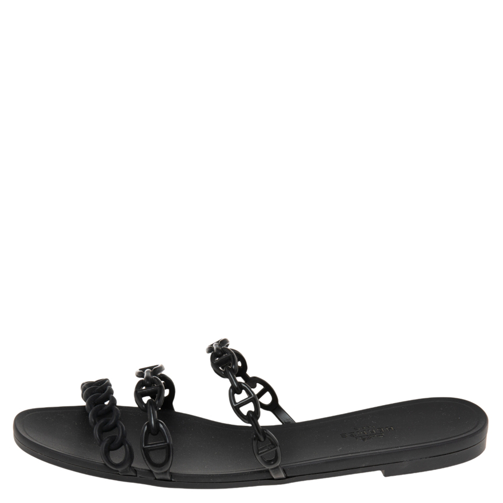 

Hermes Black Rubber D'ancre Chaine Rivage Flat Slides Size