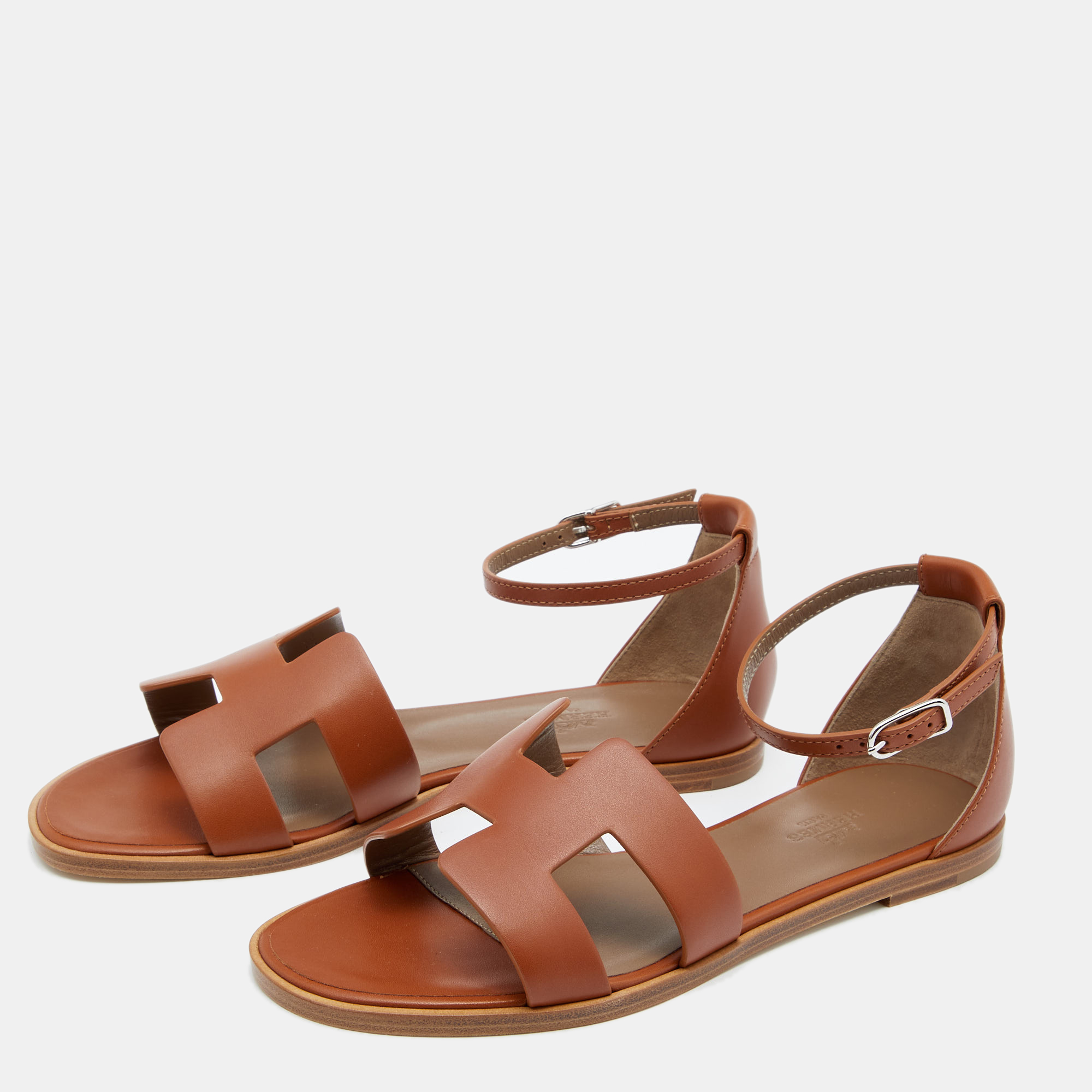 

Hermes Brown Leather Santorini Ankle Strap Sandals Size