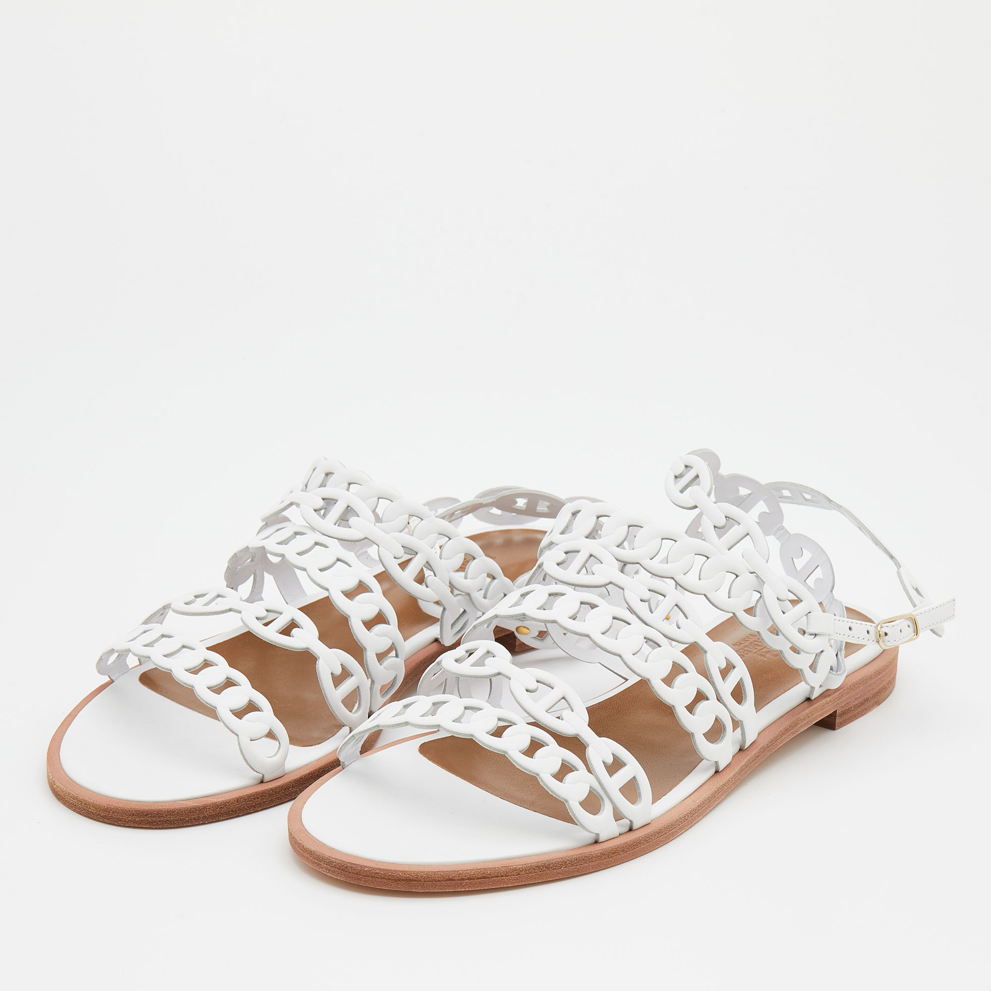 

Hermes White Leather Kalliste Ankle Strap Flat Sandals Size