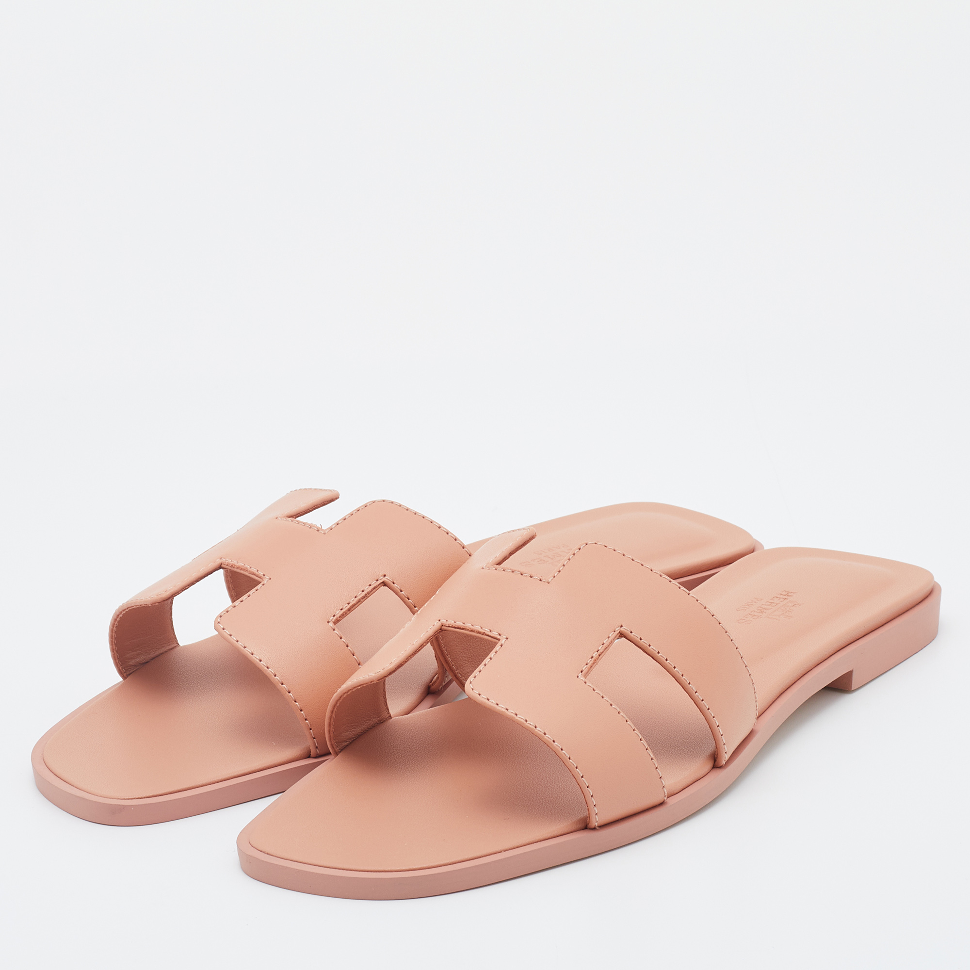 Hermes Peach Leather Oran Flat Slide Sandals Size, Pink