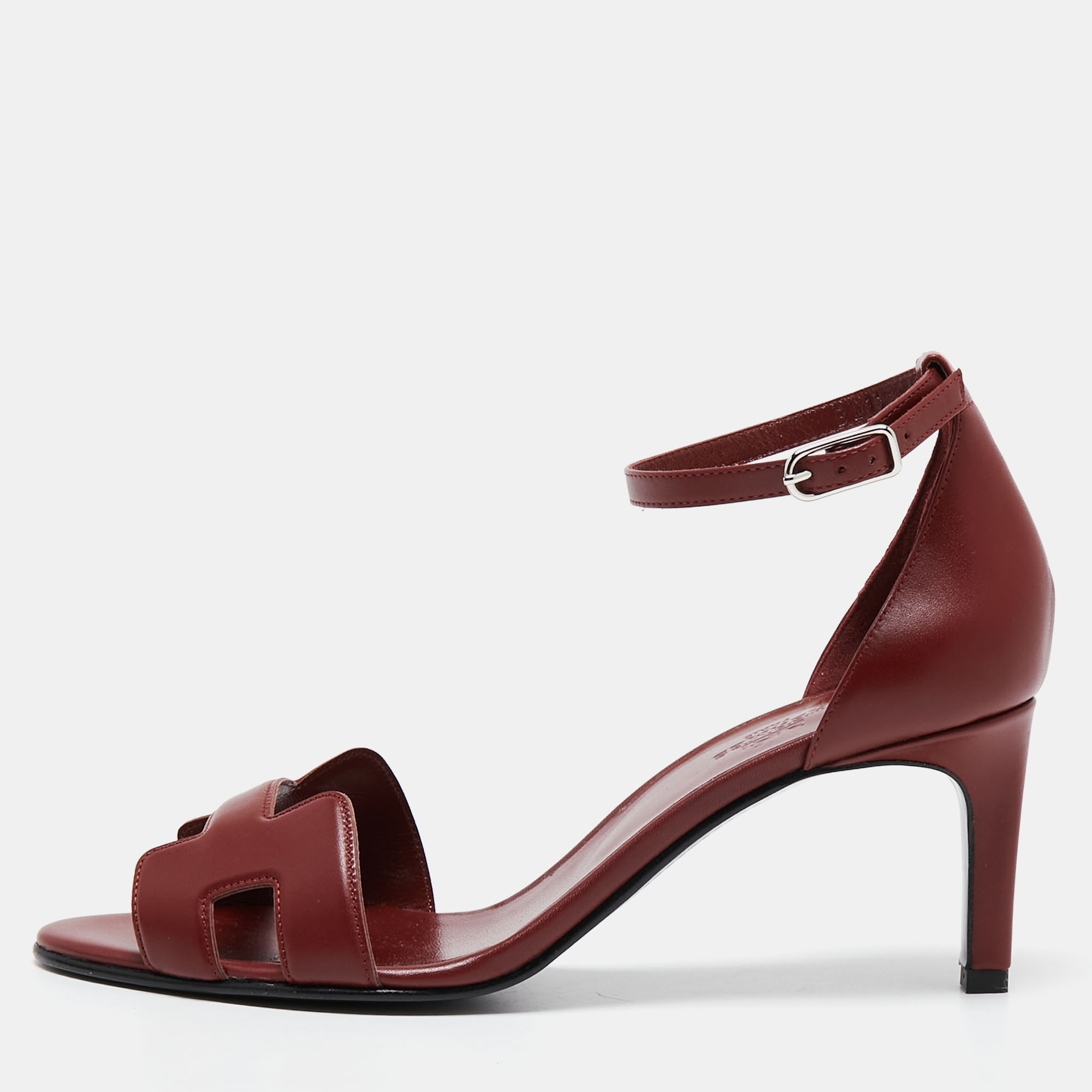 Pre Owned Hermes Burgundy Leather Night Ankle-Strap Sandals Size 39