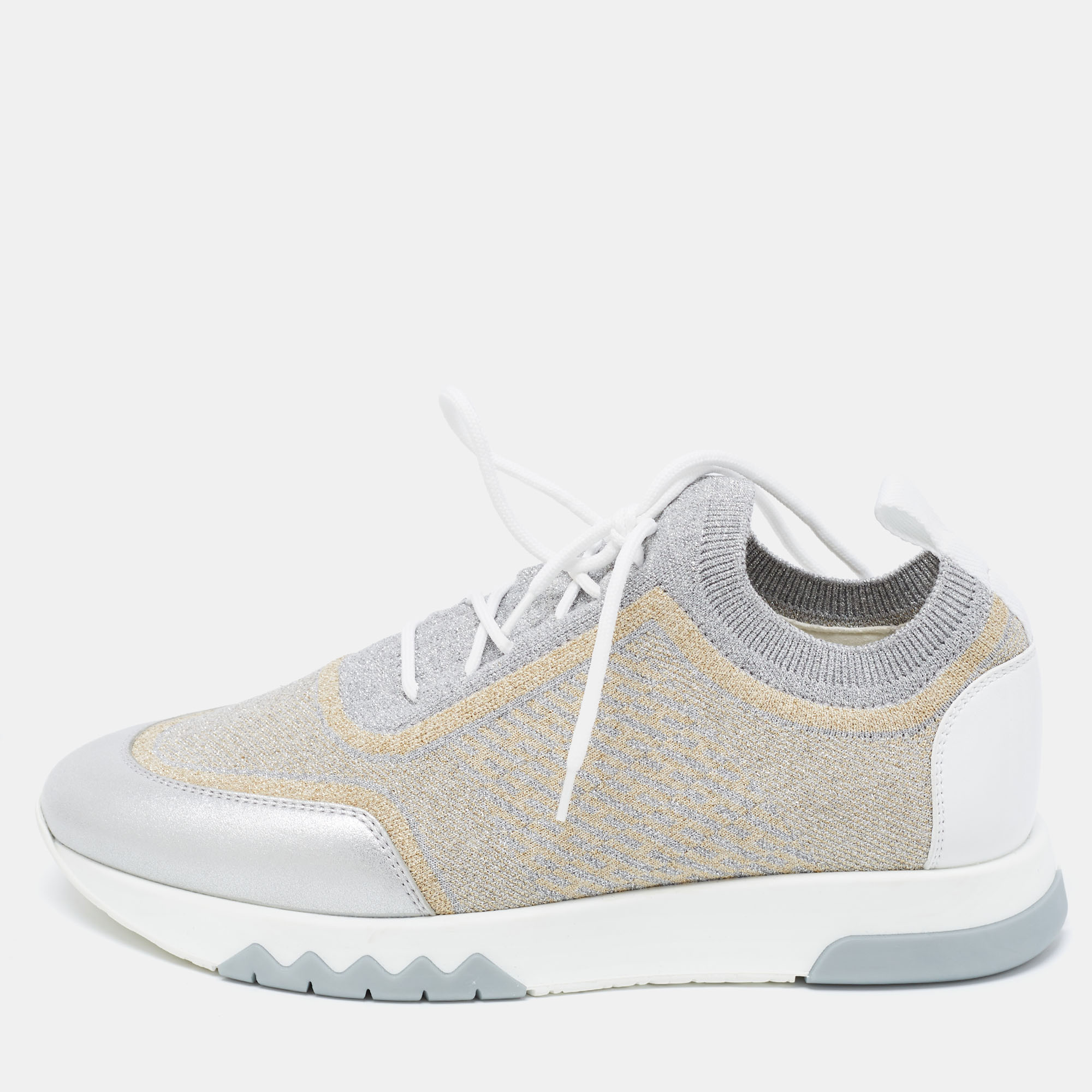 مملوكة مسبقًا Hermes Metallic Silver/Gold Knit Fabric and Leather Addict Sneakers Size 38.5