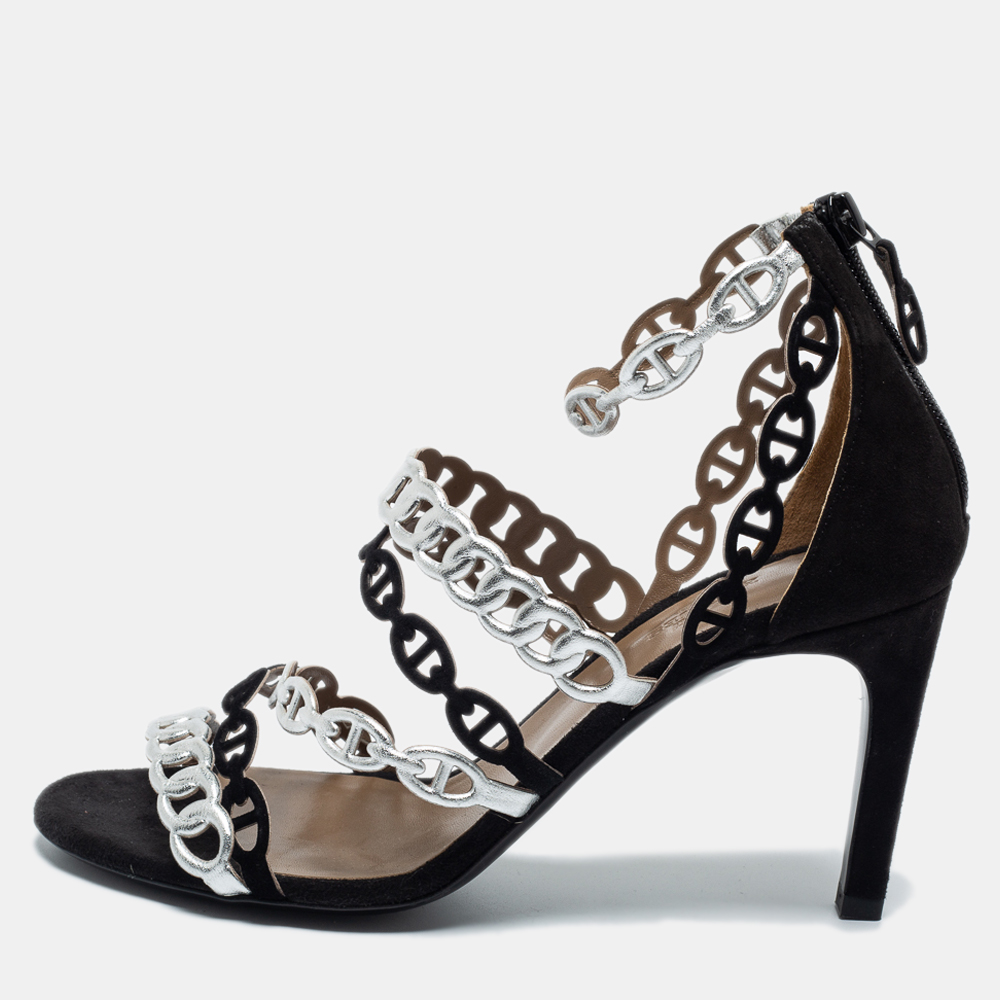 Hermes Black/Silver Suede and Leather Chaine D'ancre Sandals Size 38