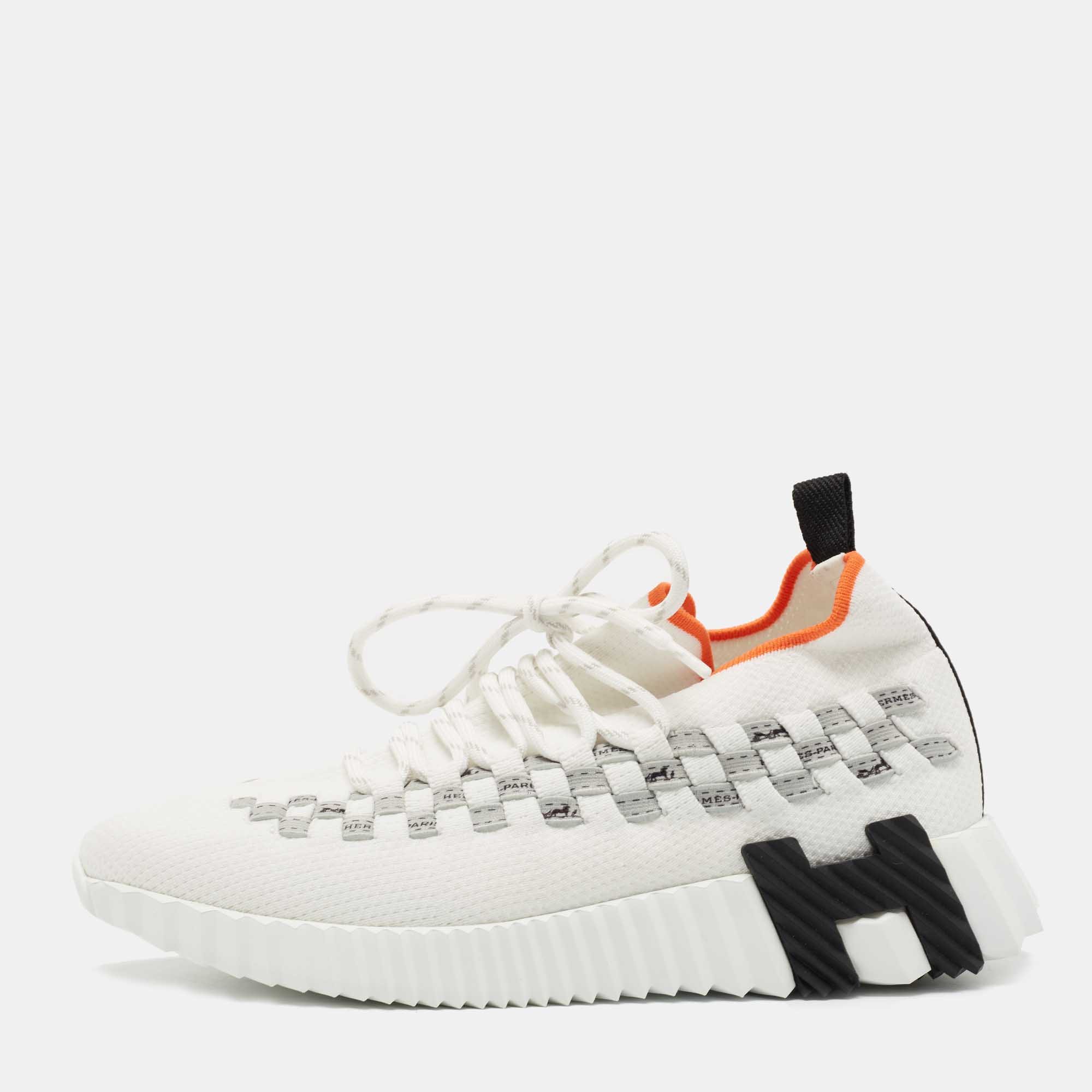 مملوكة مسبقًا Hermes White Knit Fabric Flex Sneakers Size 36.5