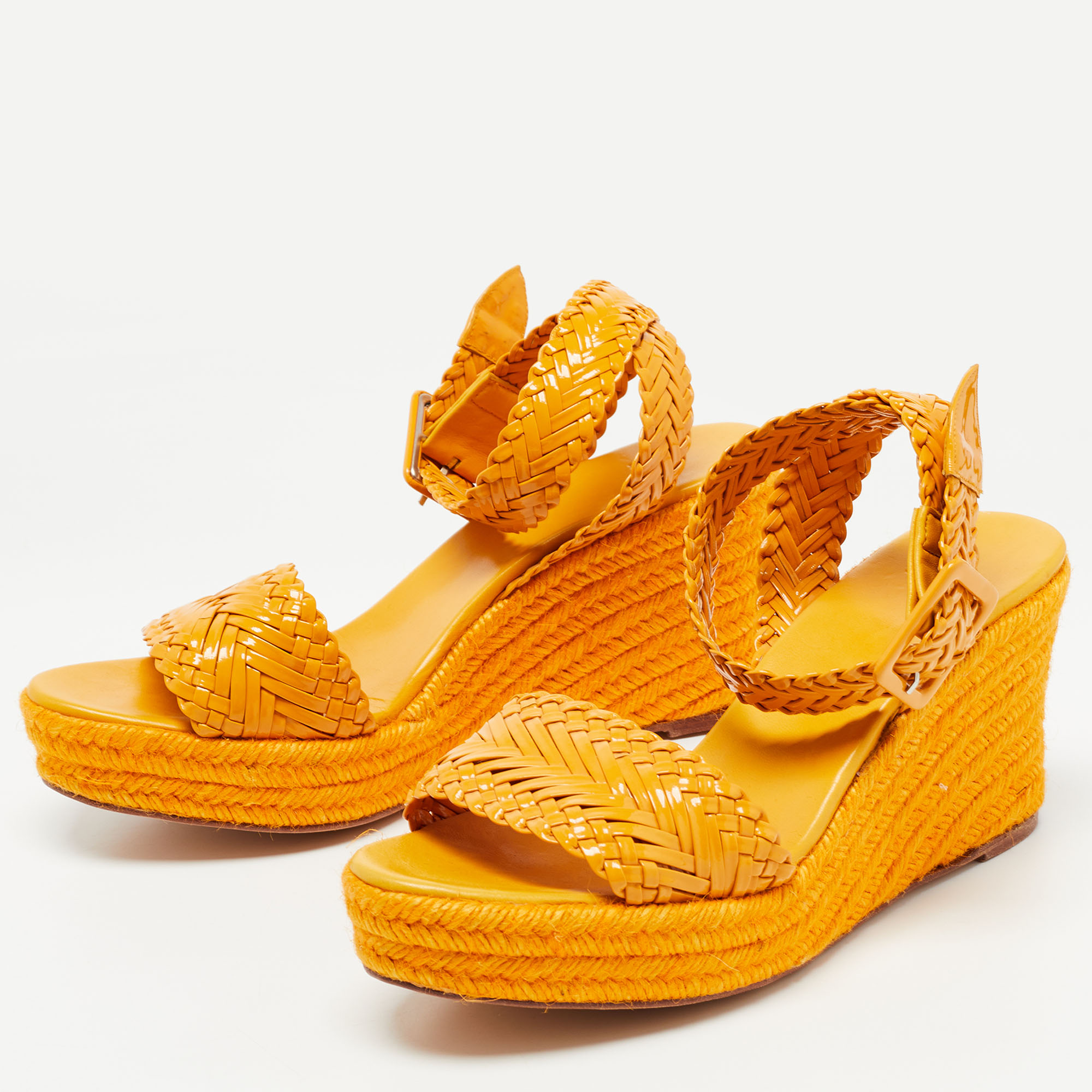 

Hermes Light Orange Woven Patent Leather Sophia Espadrille Wedge Sandals Size