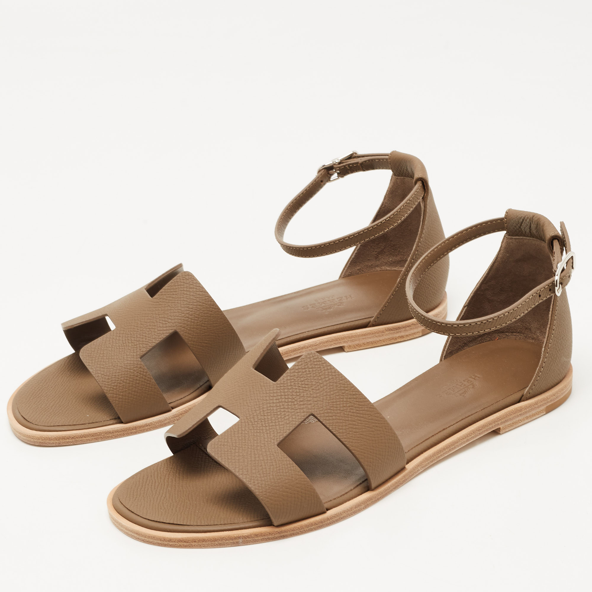 

Hermes Brown Leather Santorini Ankle Strap Sandals Size
