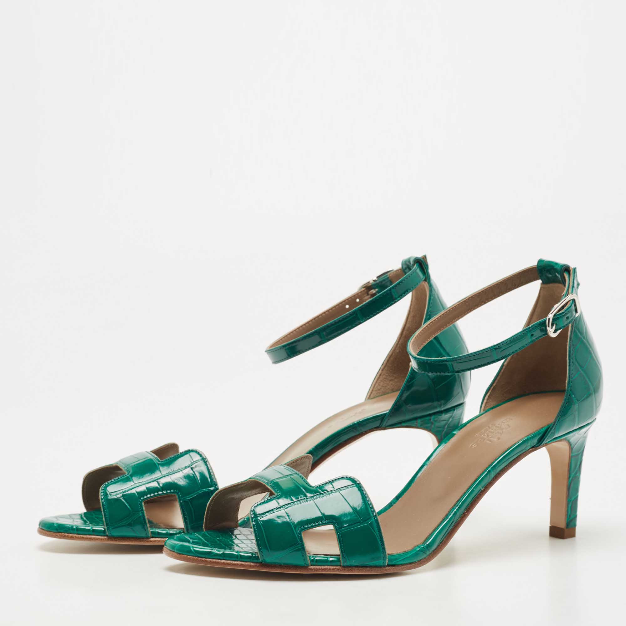 

Hermes Green Croc Leather Premiere Ankle Strap Sandals Size