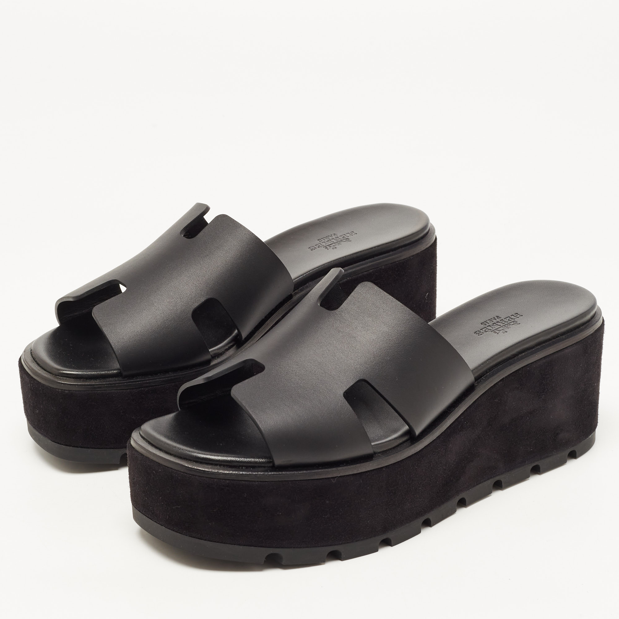 

Hermes Black Leather Eze Platform Slide Sandals Size