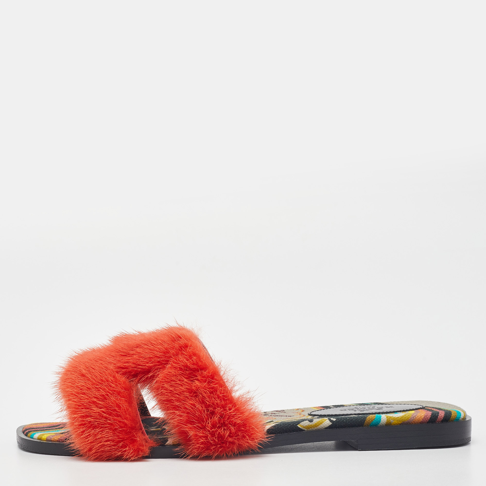 Pre Owned Hermes Orange Mink Fur Oran Flat Slides Size 37.5