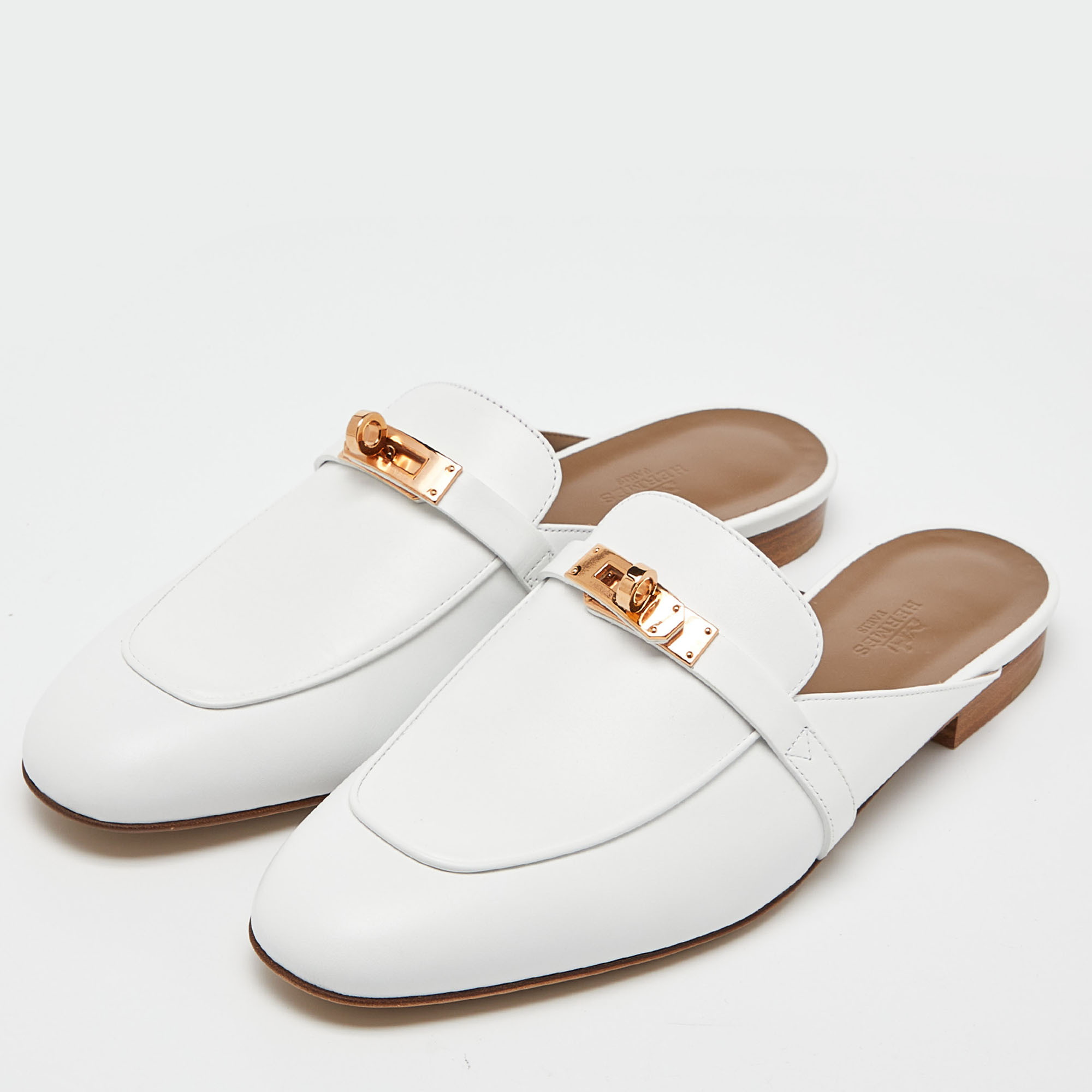 

Hermes White Leather Oz Mules Size