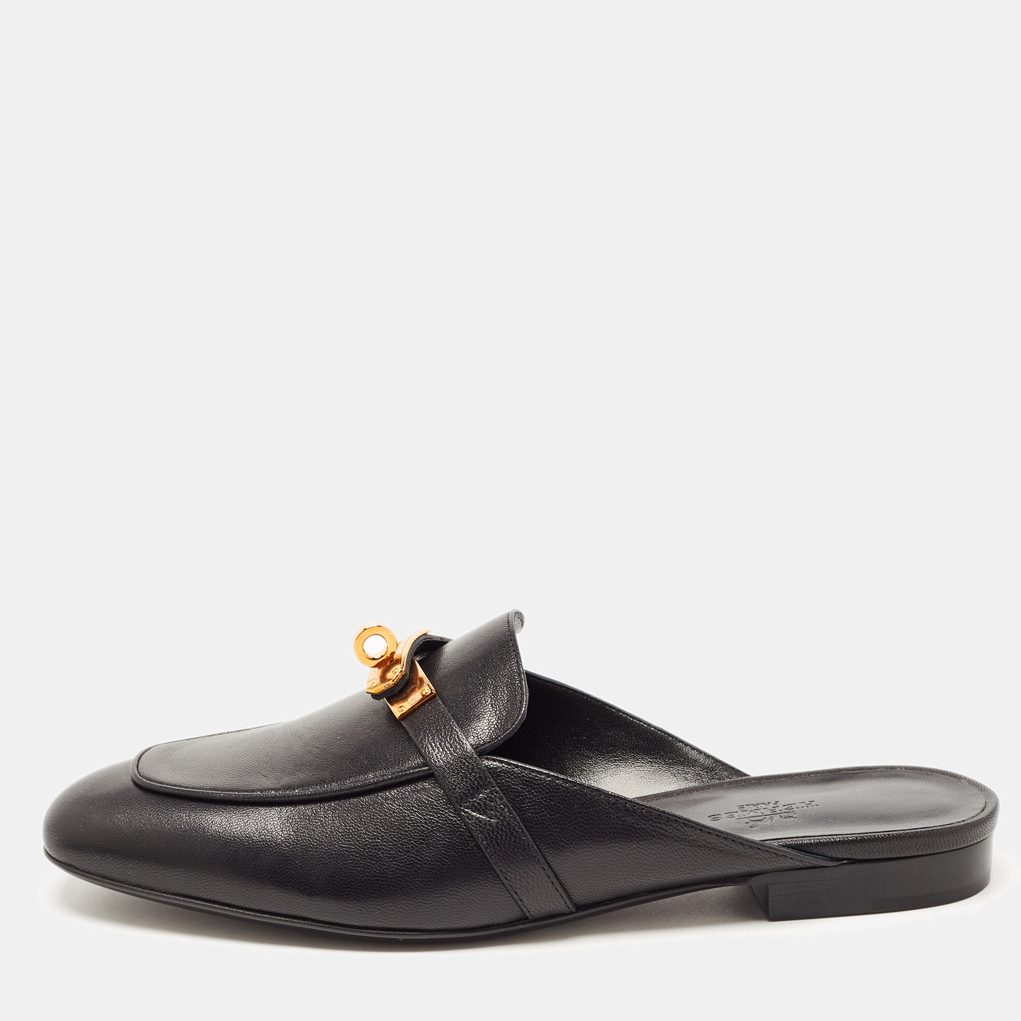 مملوكة مسبقًا Hermes Black Leather Oz Flat Mules Size 38