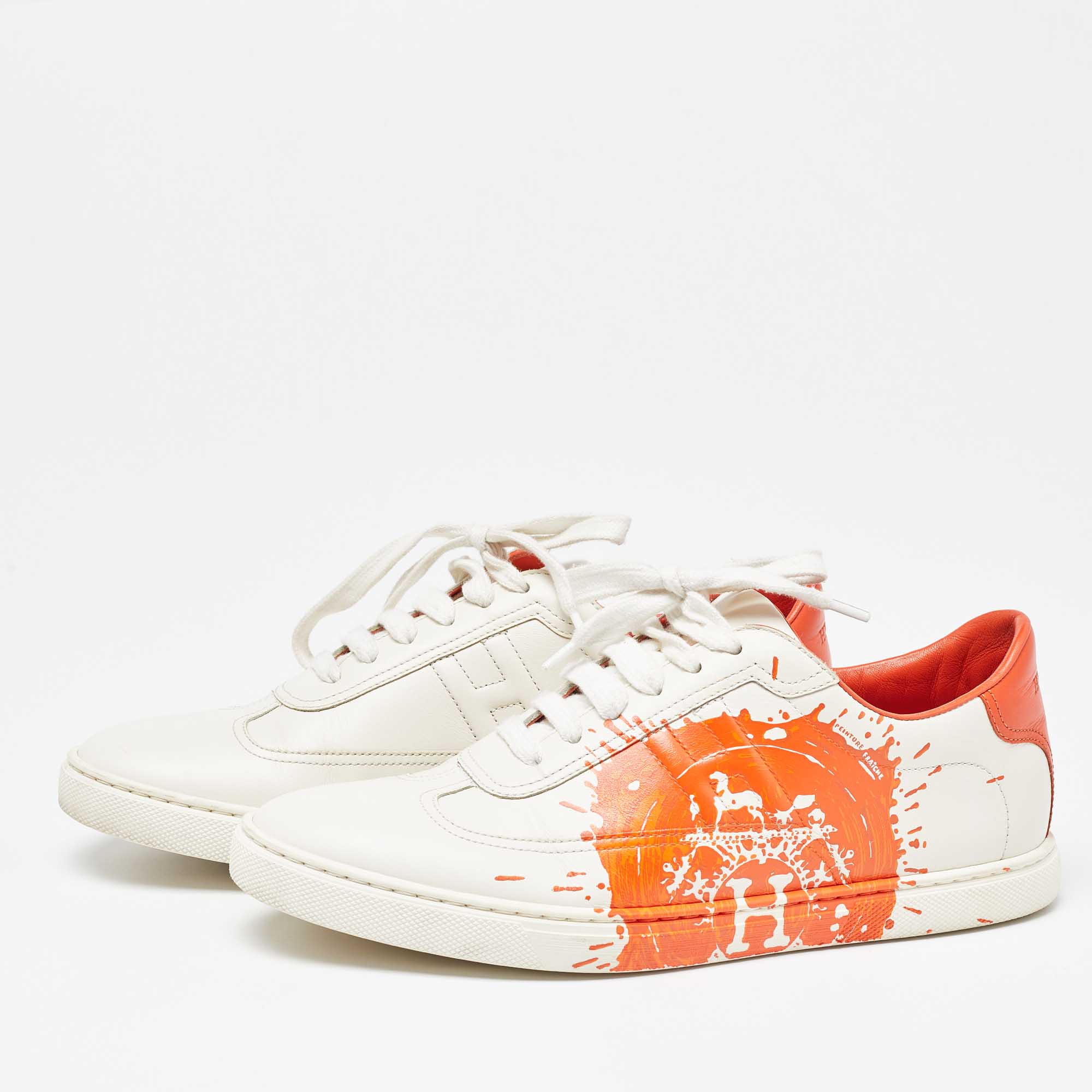 

Hermes Off White/Orange Leather Splash Quicker Sneakers Size