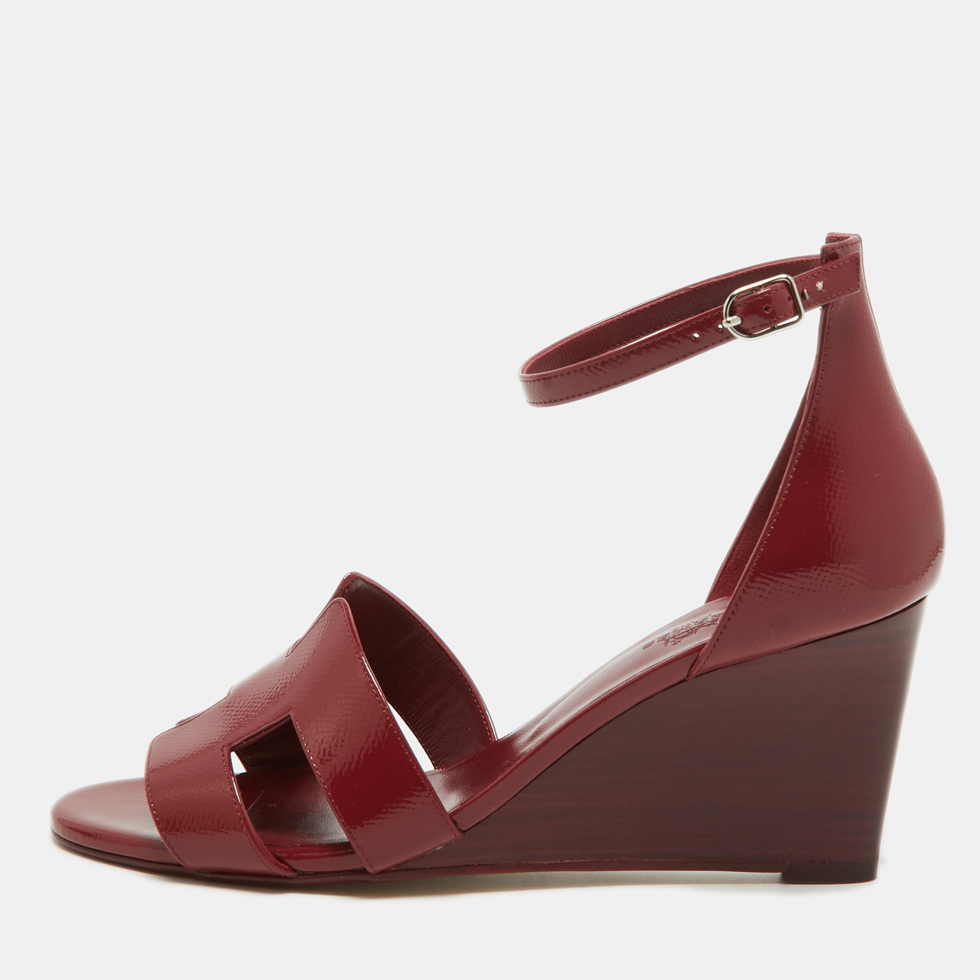 Hermes Burgundy Patent Leather Legend Wedge Sandals Size 40.5