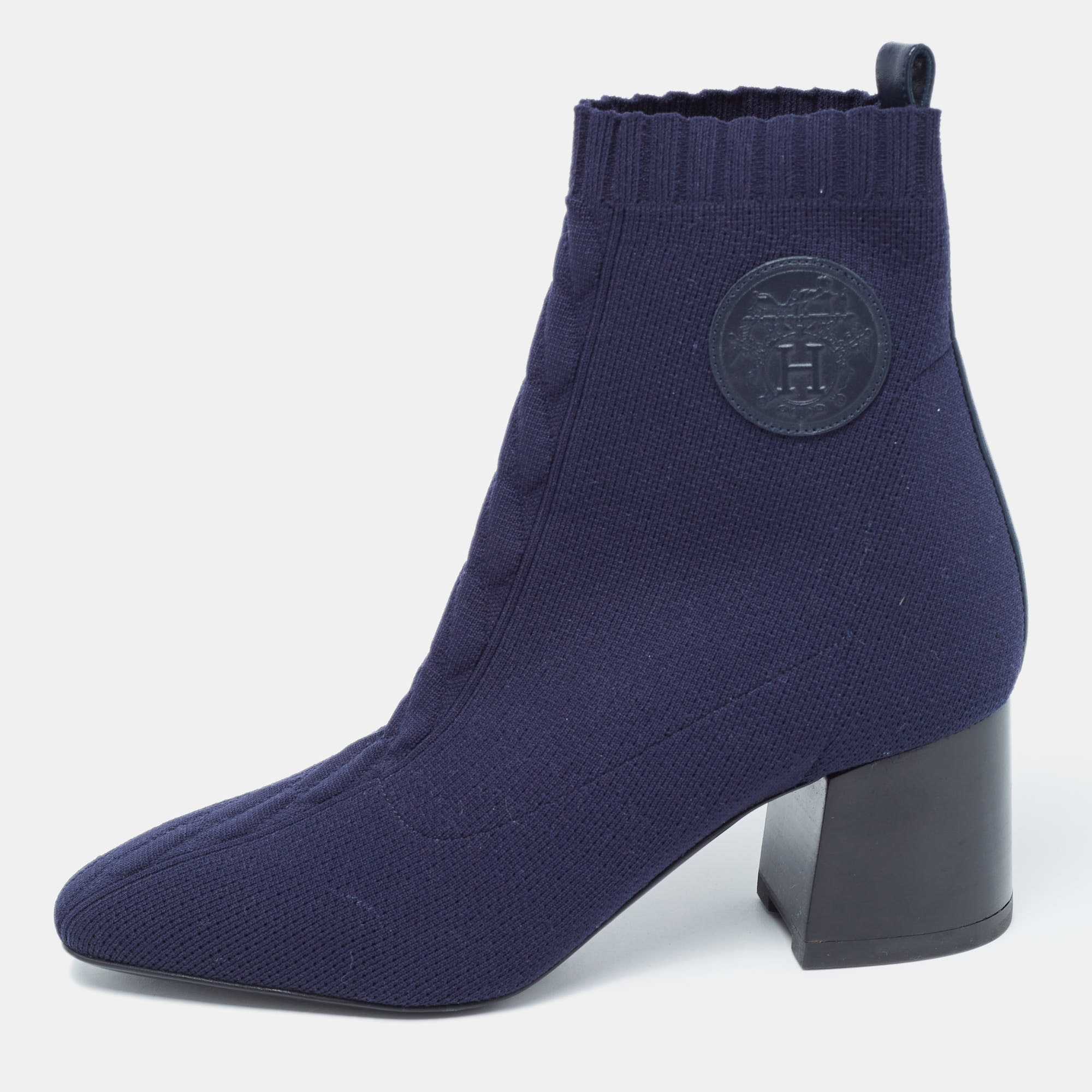 Pre Owned Hermes Navy Blue Knit Fabric Volver Boots Size 37