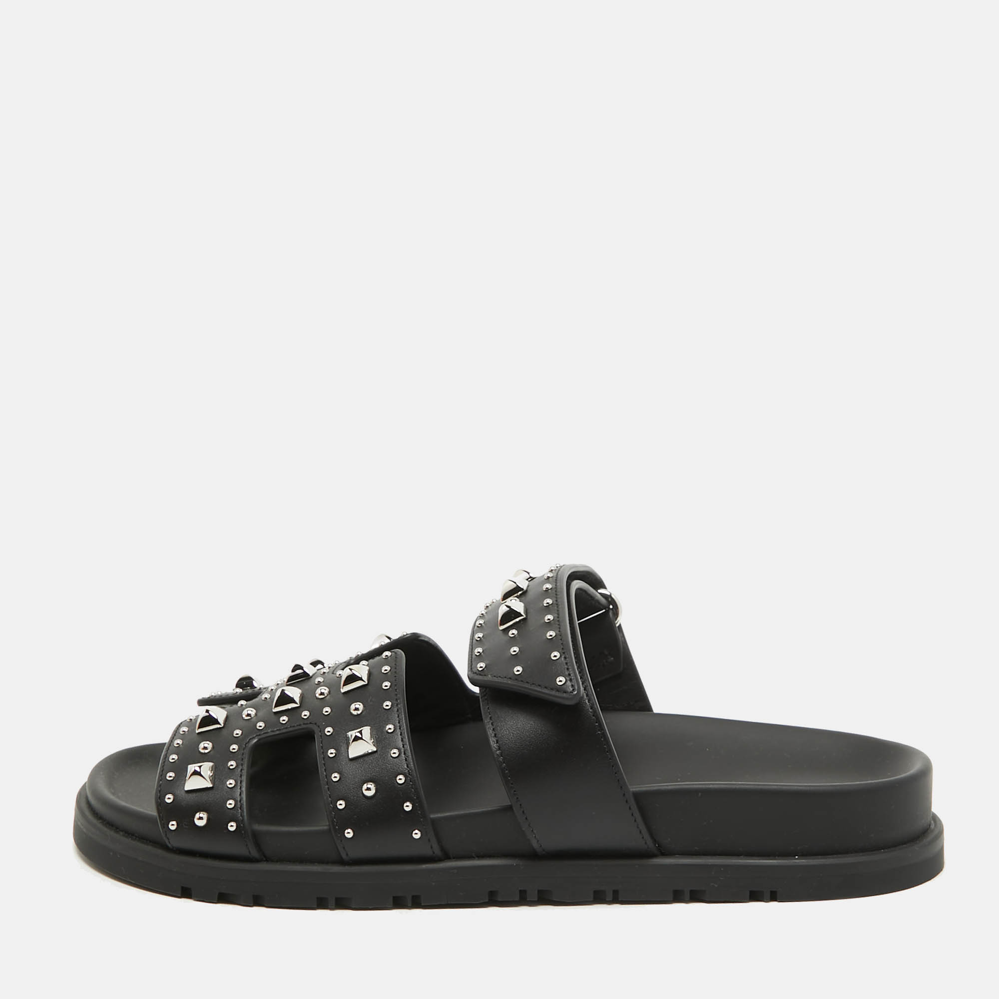 Pre Owned Hermes Black Leather Studded Chypre Flat Slides Size 37