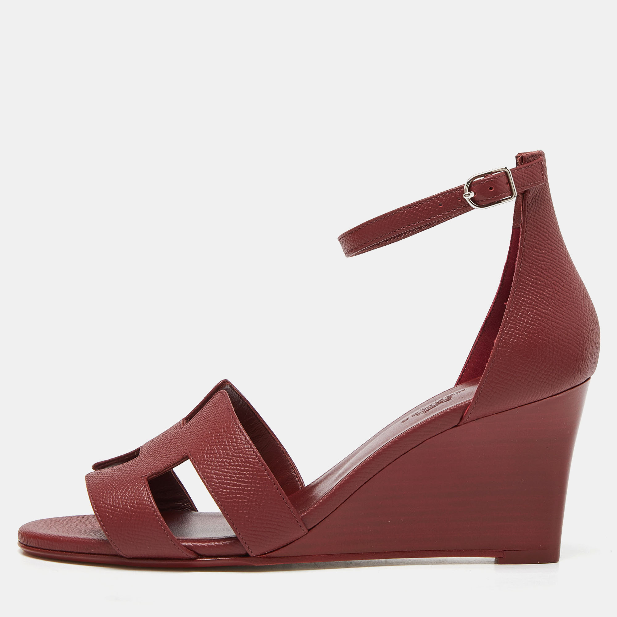 Pre Owned Hermes Burgundy Leather Legend Wadge Sandals Size 38