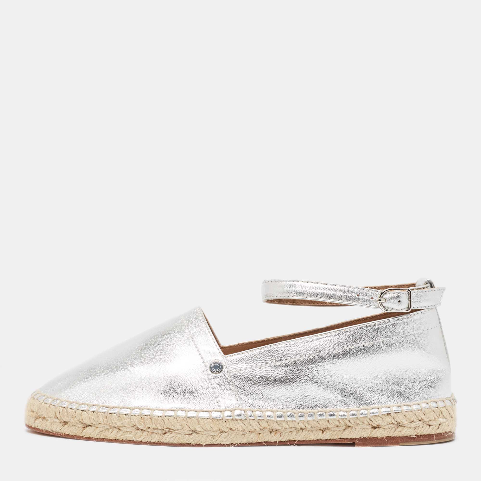

Hermes Silver Leather Malaga Espadrille Flats Size