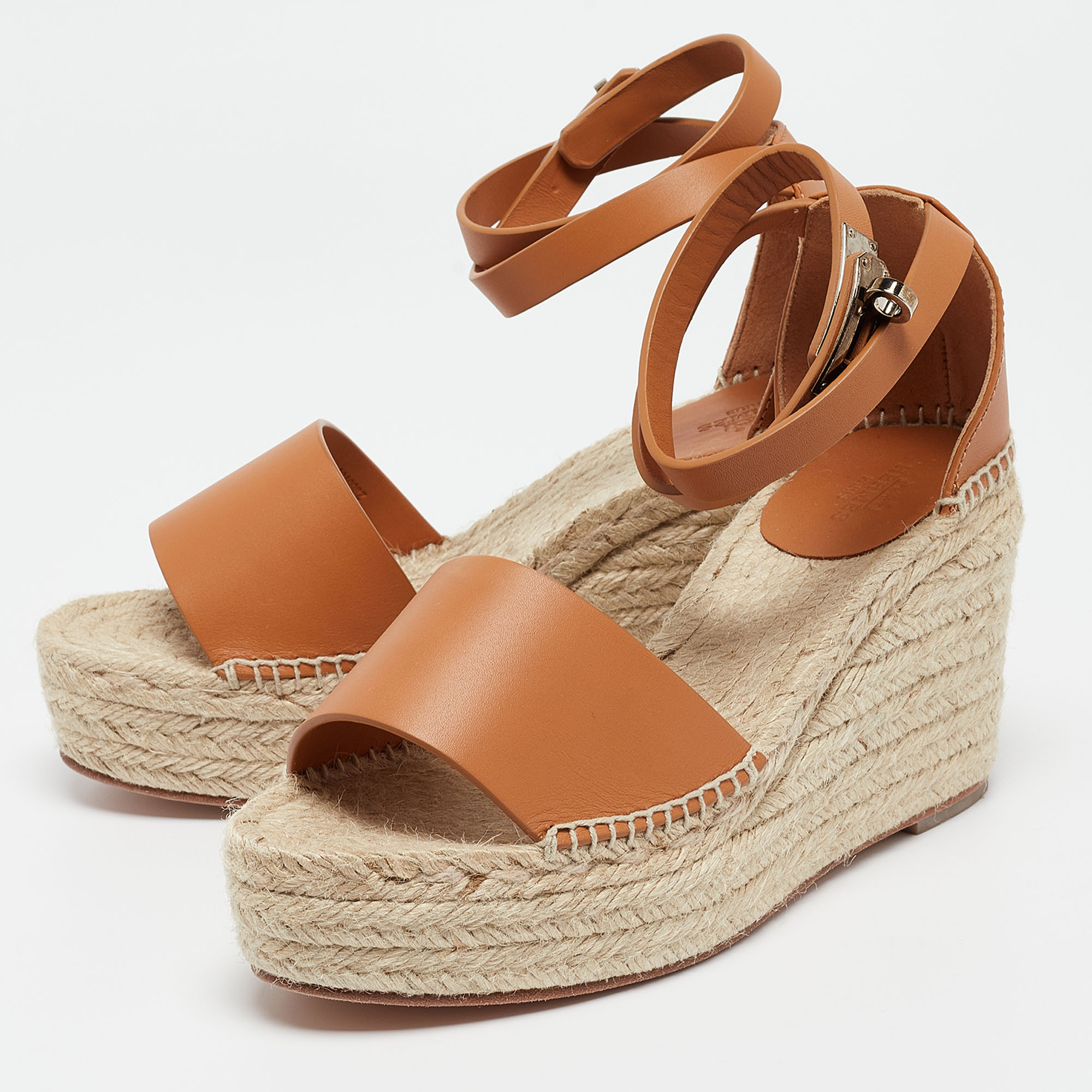 Hermes Beige Brown Leather Espadrille Tipoli Sandals Size 37