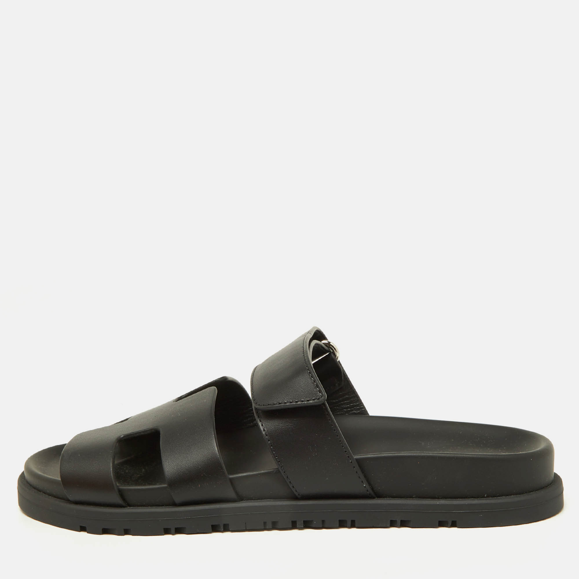 Hermes Black Leather Chypre Sandal 37.5