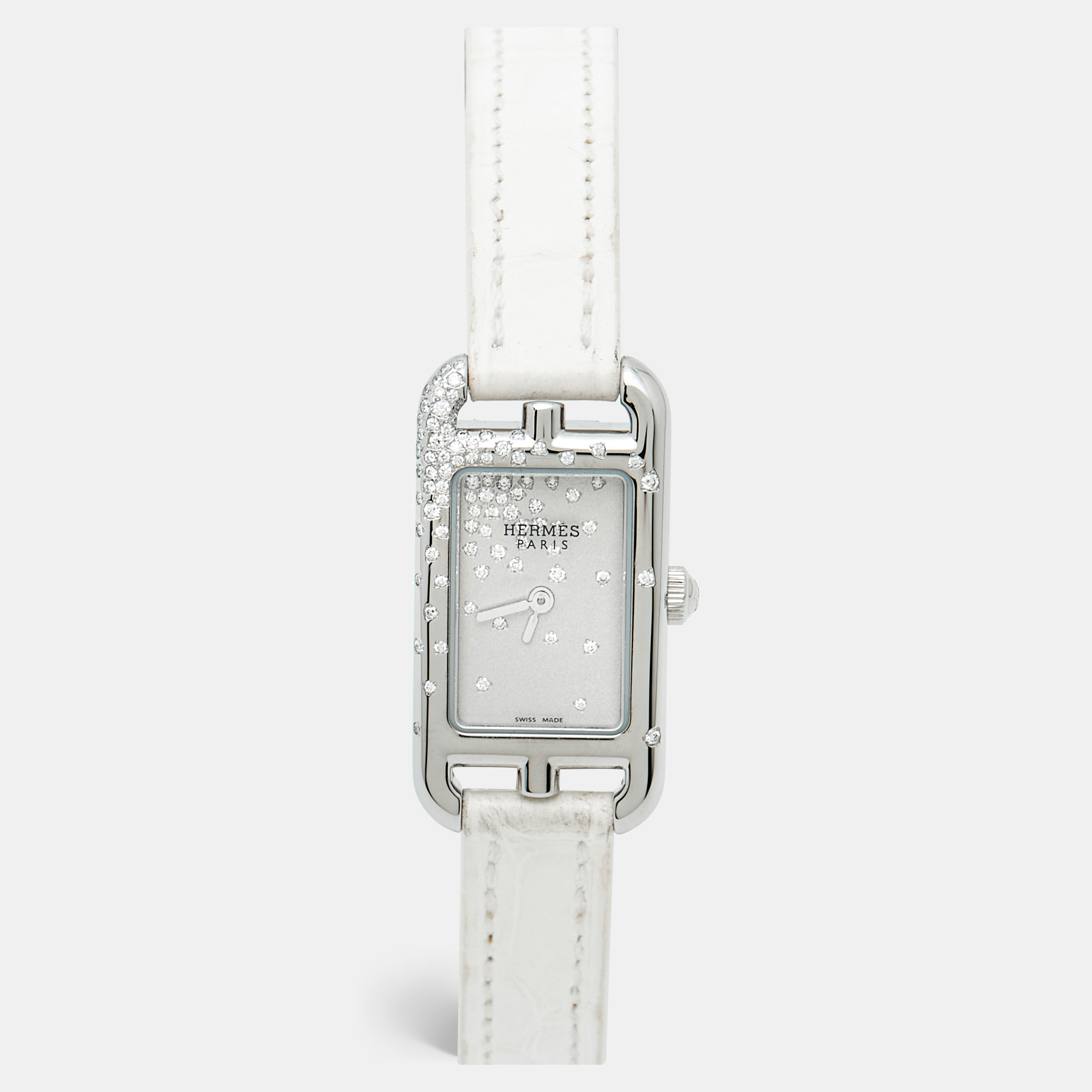

Hermès Nantucket NA2.131 Silver Dial Stainless Steel Diamond Alligator Leather Women's Wristwatch, White