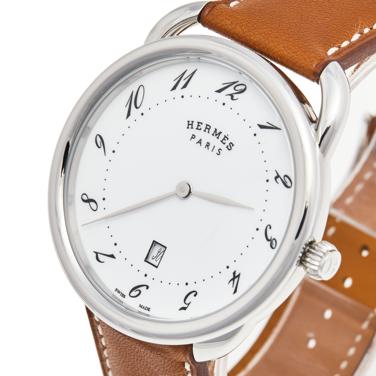 

Hermes White Stainless Steel Leather Arceau AR7Q.810 Men's Wristwatch