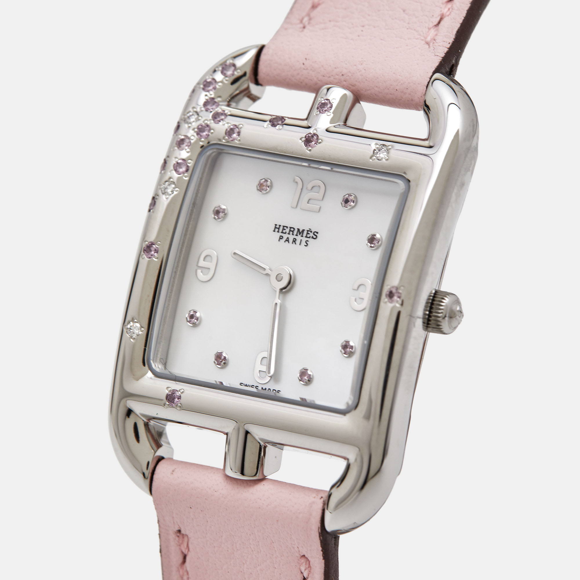 

Hermès Mother of Pearl Diamond Sapphires Stainless Steel Calfskin Cape Cod W052160WW00 Women's Wristwatch, White