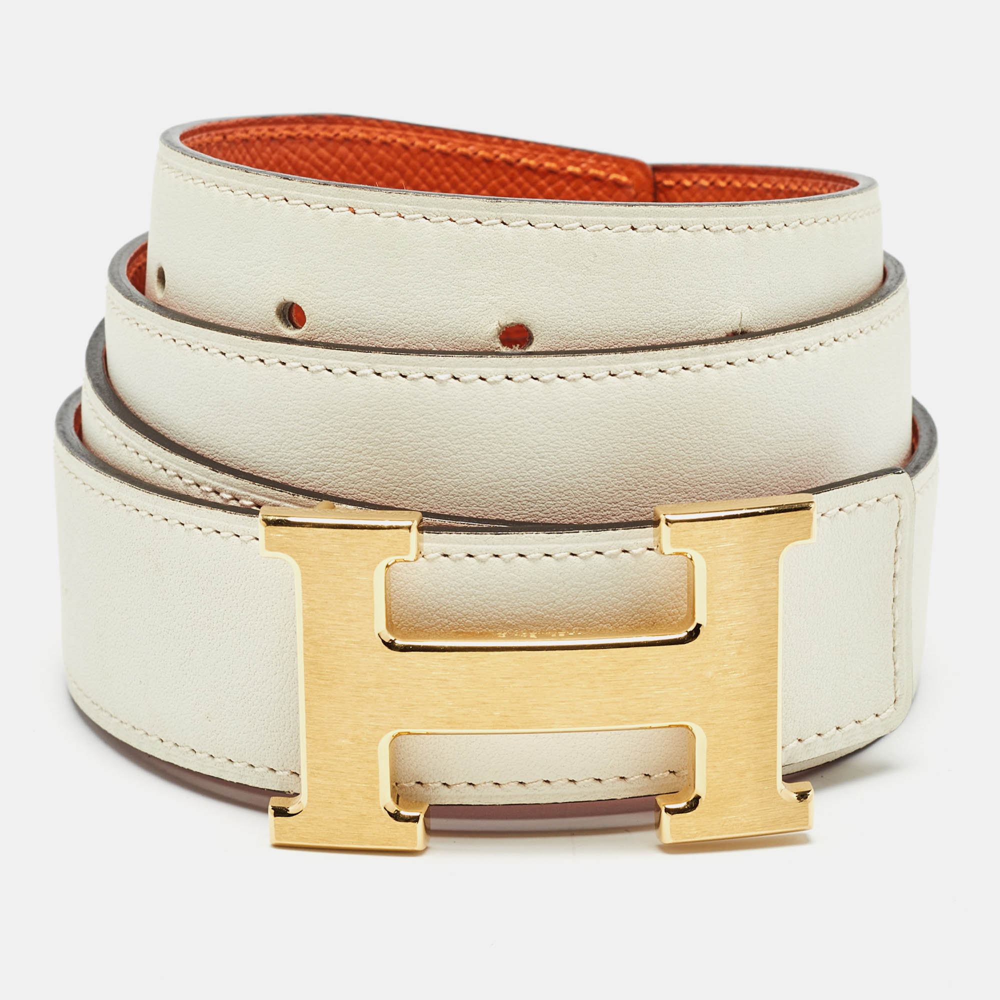 

Hermes Crai/Orange Epsom and Swift Leather H Buckle Reversible Belt 95CM, White