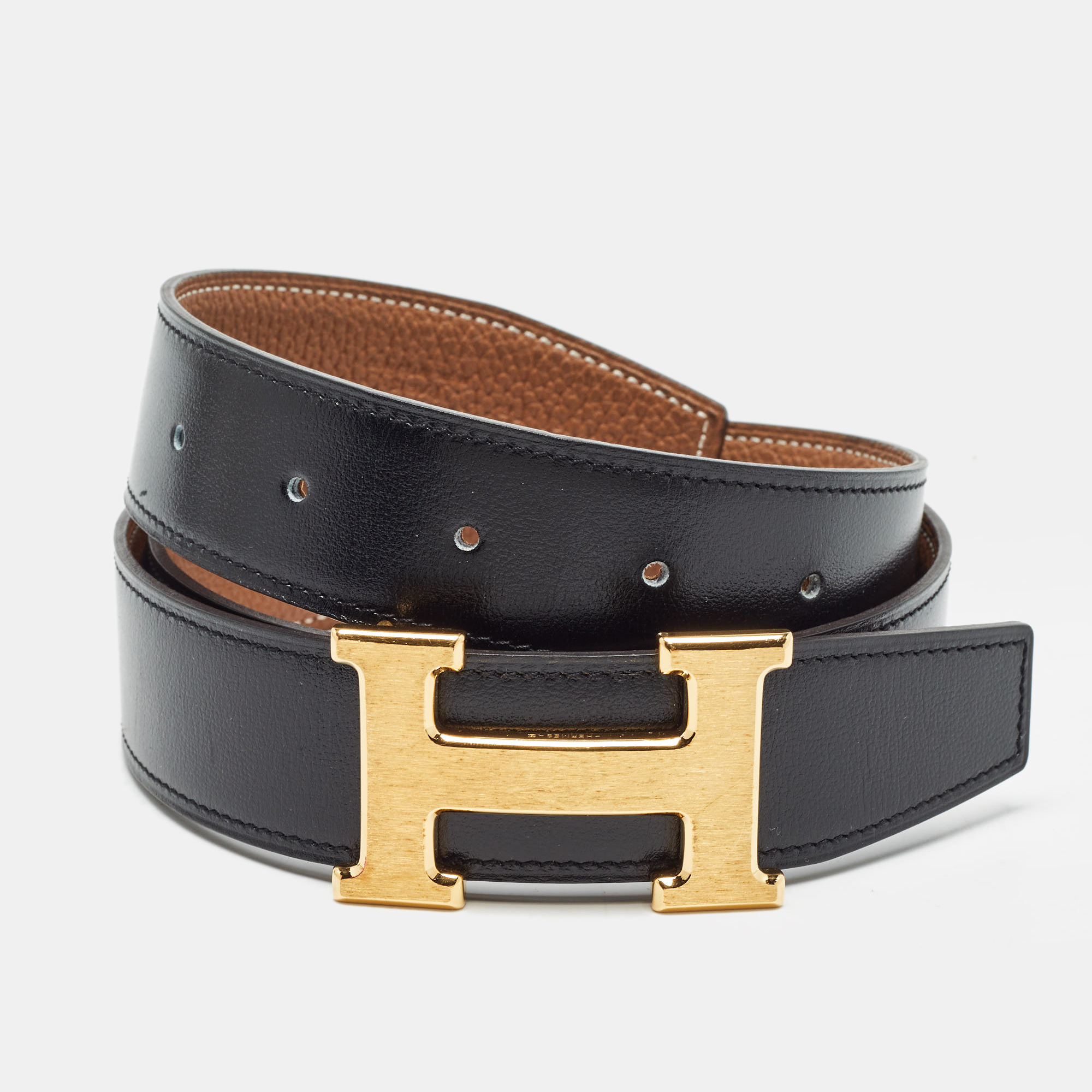 

Hermès Black/Gold Togo and Box Leather H Buckle Reversible Belt 85CM