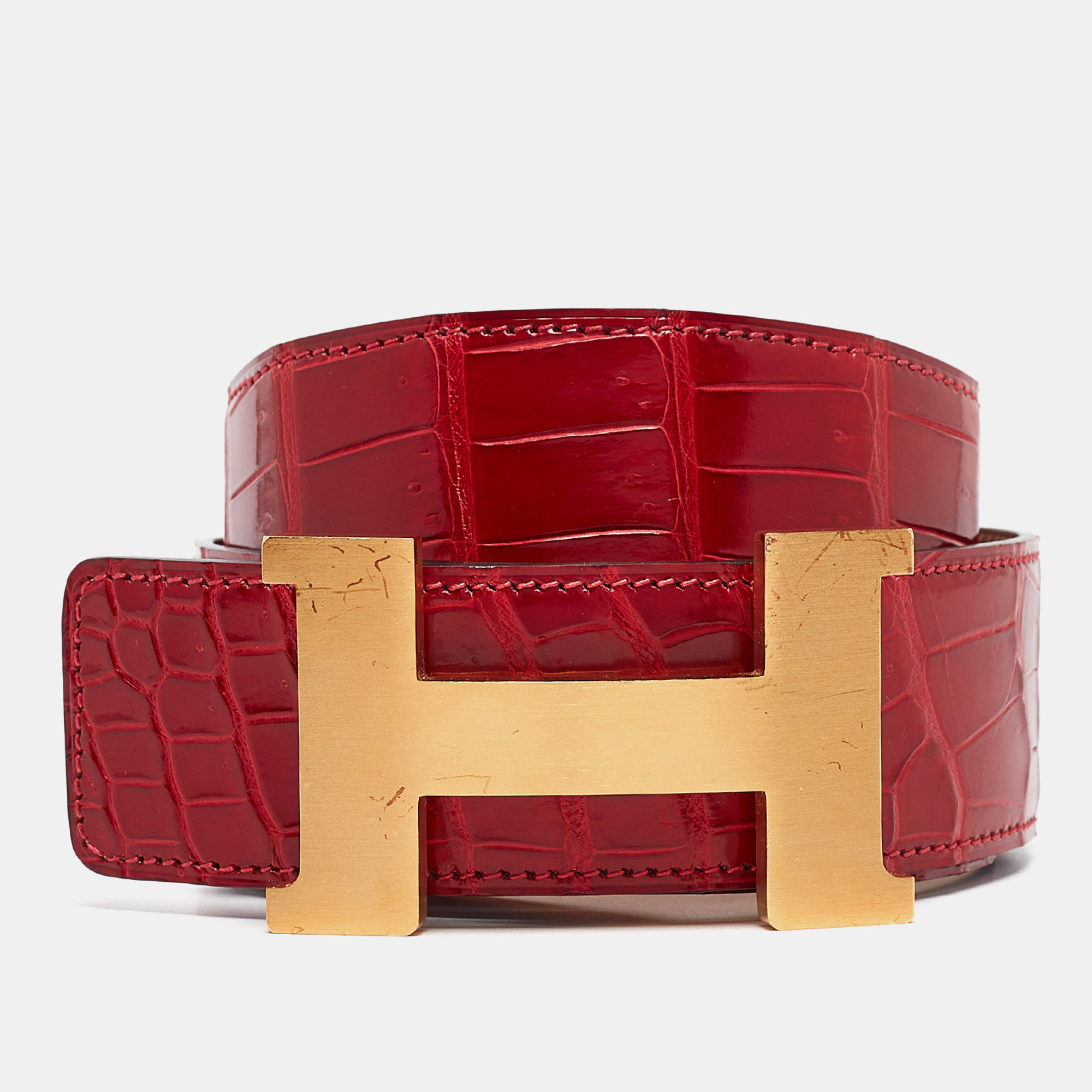 

Hermes Braise Crocodile Porosus Brushed Constance Buckle Belt, Red