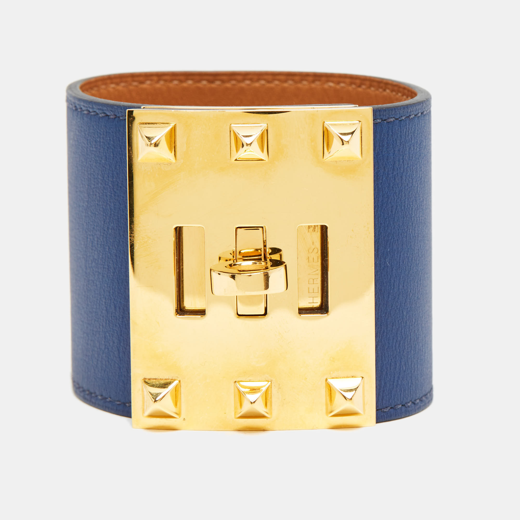 Pre-owned Hermes Hermès Kelly Dog Navy Blue Leather Gold Plated Bracelet