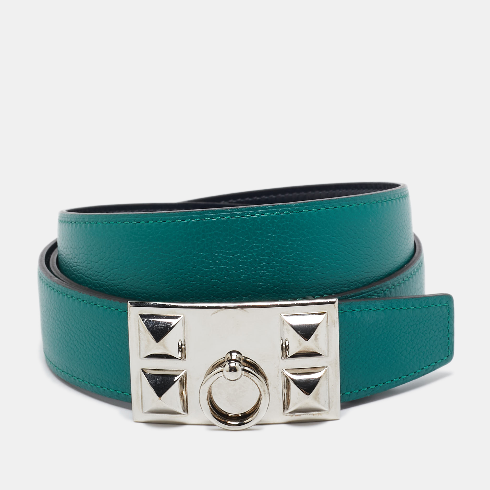 

Hermes Malachite/Bleu Marine Evercolor and Box Leather Collier De Chien Reversible Belt, Green