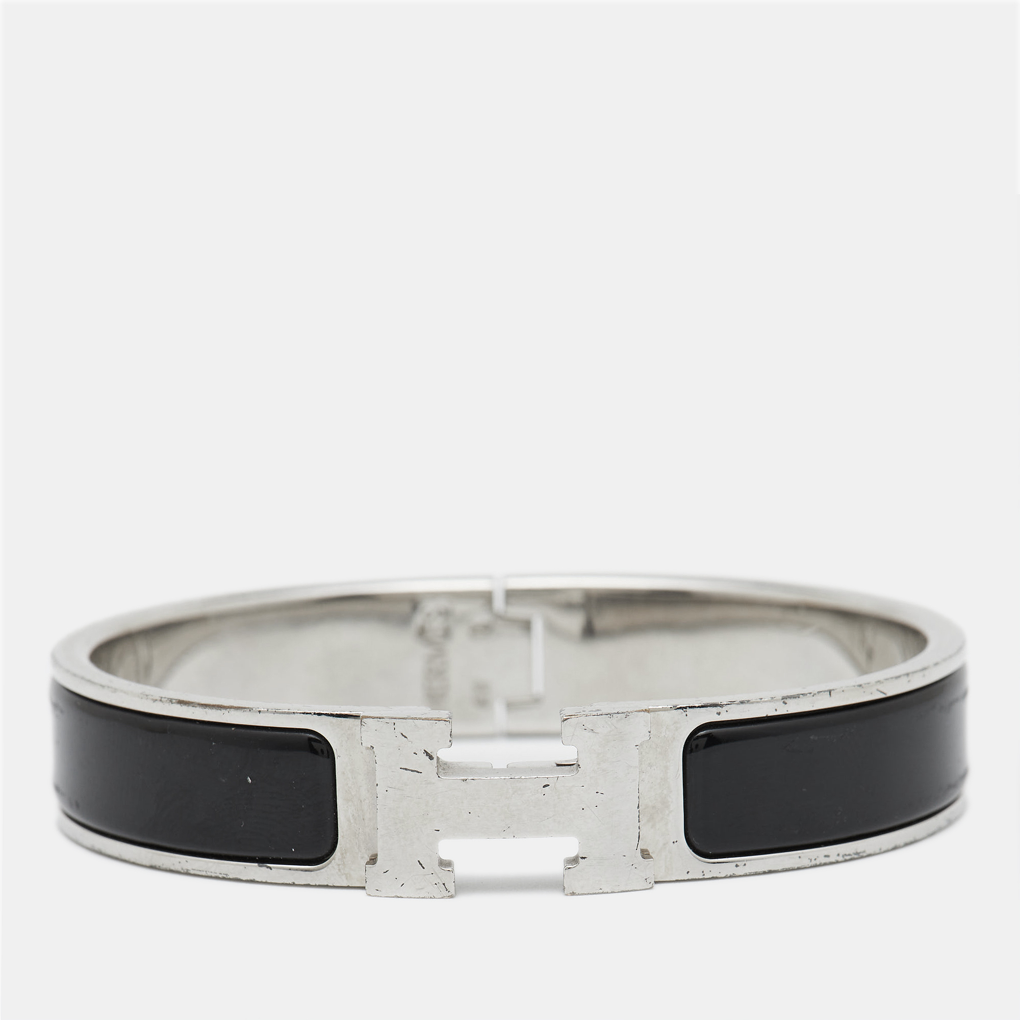 Pre-owned Hermes Clic H Black Enamel Palladium Plated Bracelet