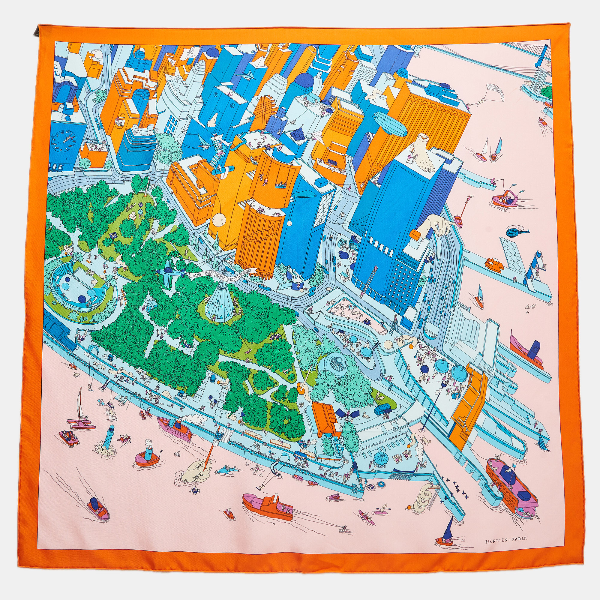 

Hermès Orange/Green Printed Silk Battery Park Scarf