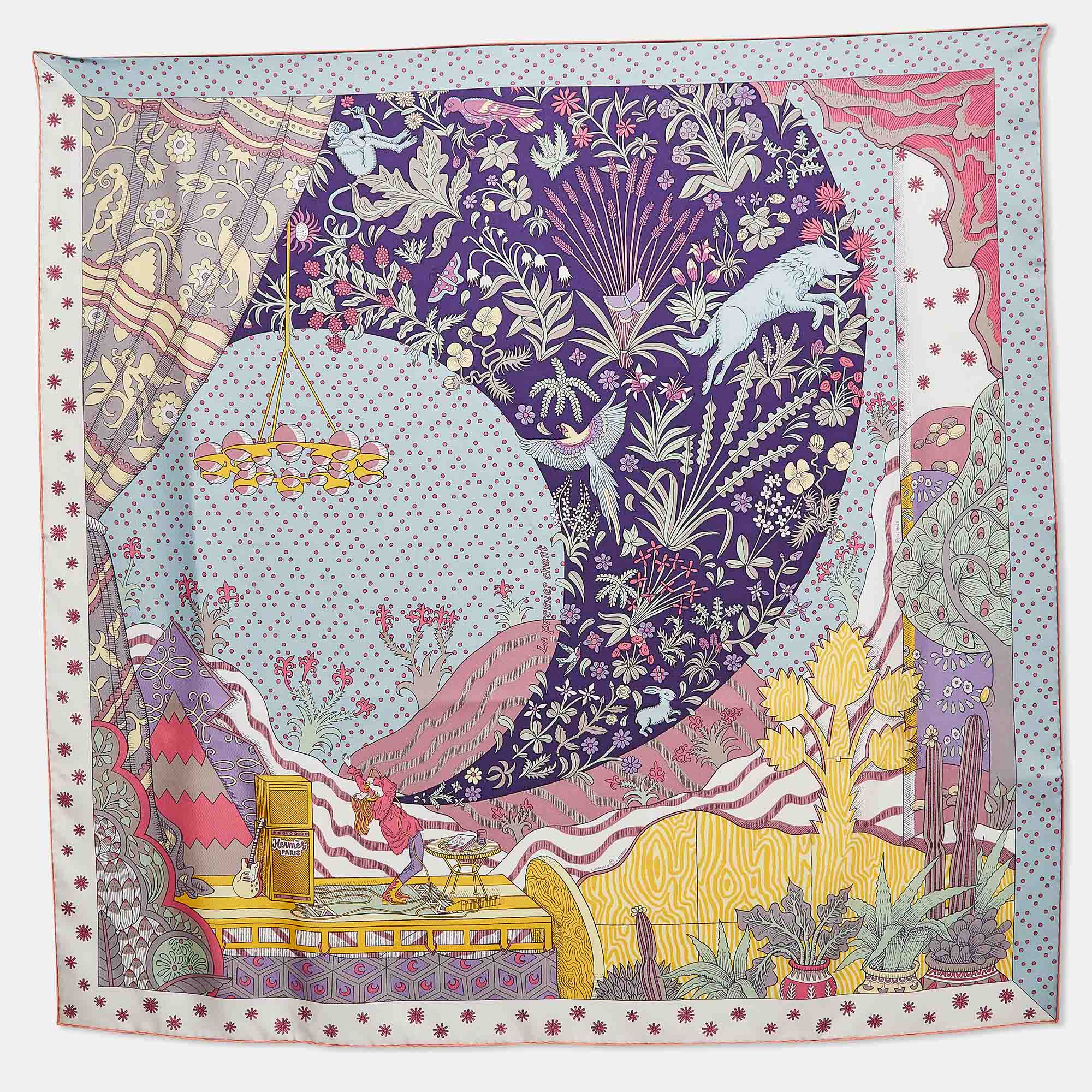 Pre-owned Hermes Hermès Blue/violet Printed Silk Le Premier Chant Scarf