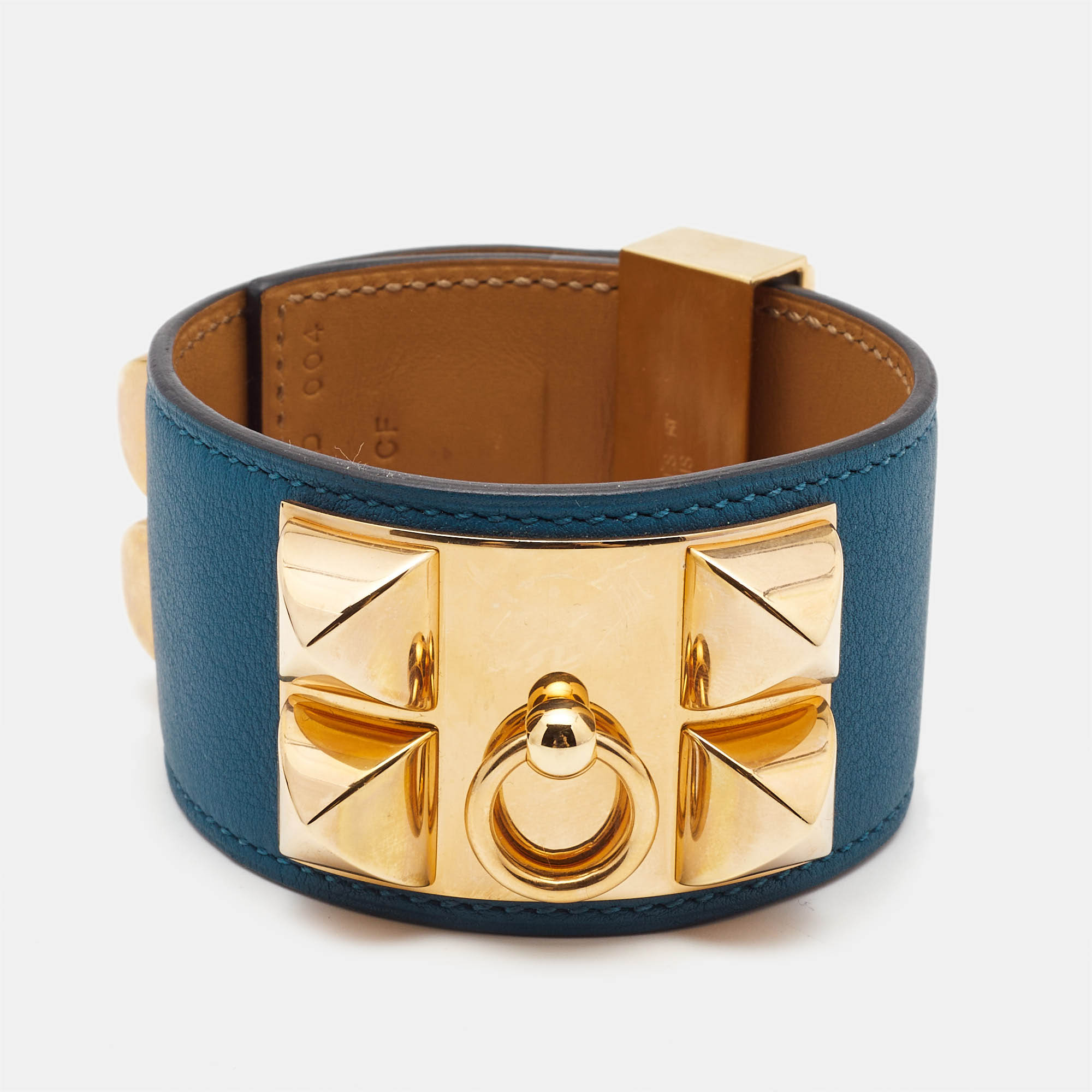 Pre-owned Hermes Hermès Collier De Chien Leather Gold Plated Wide Bracelet In Brown