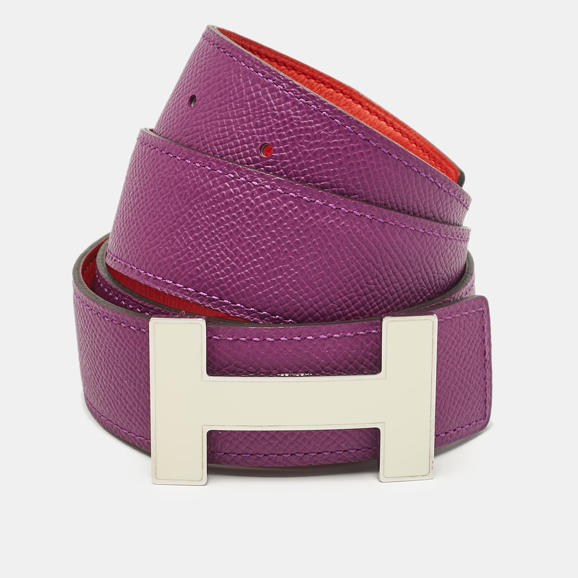 

Hermes Anemone/Capucine Epsom and Swift Leather Enamel Quizz H Buckle Belt, Purple