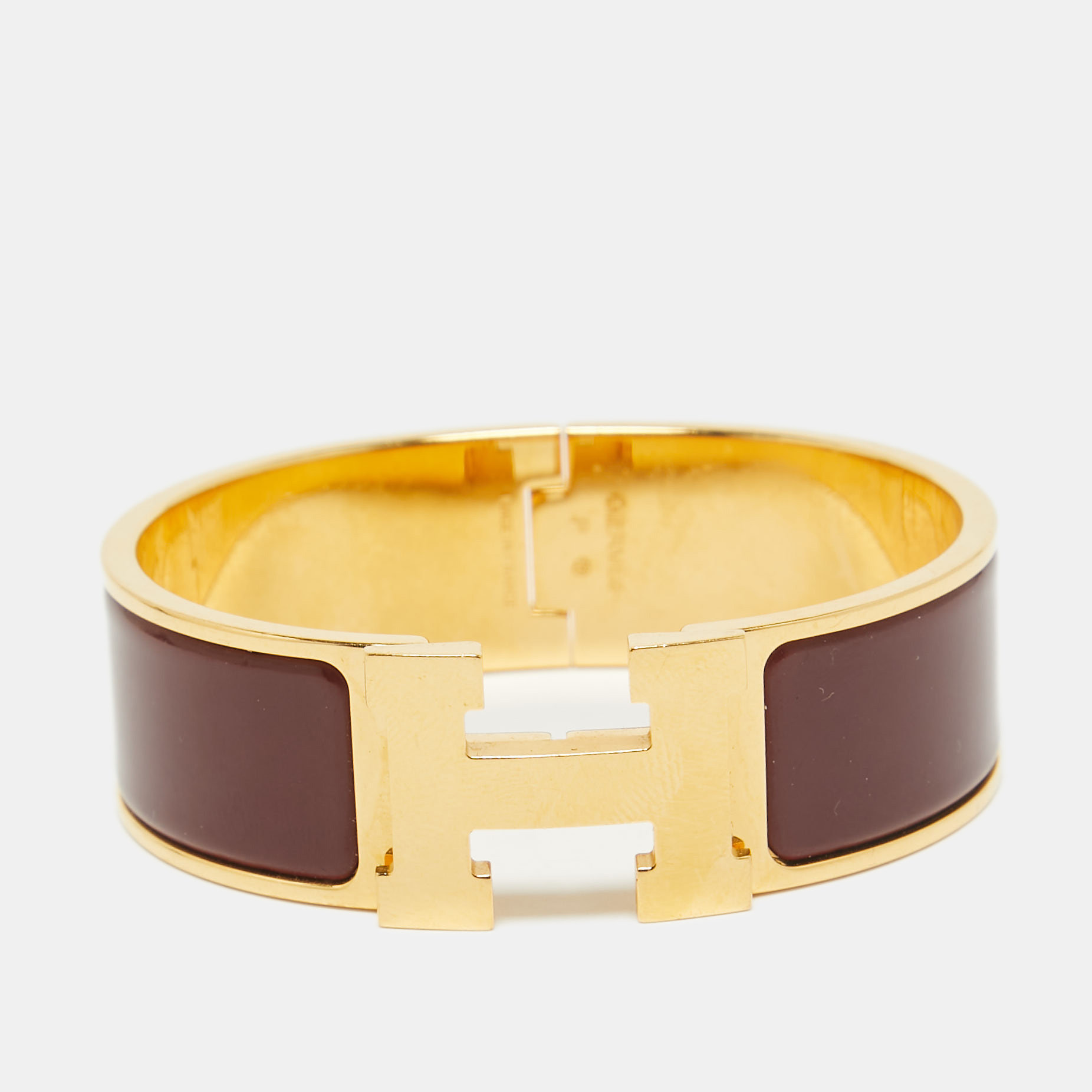 Pre-owned Hermes Clic Clac H Burgandy Gold Plated Bracelet In Burgundy