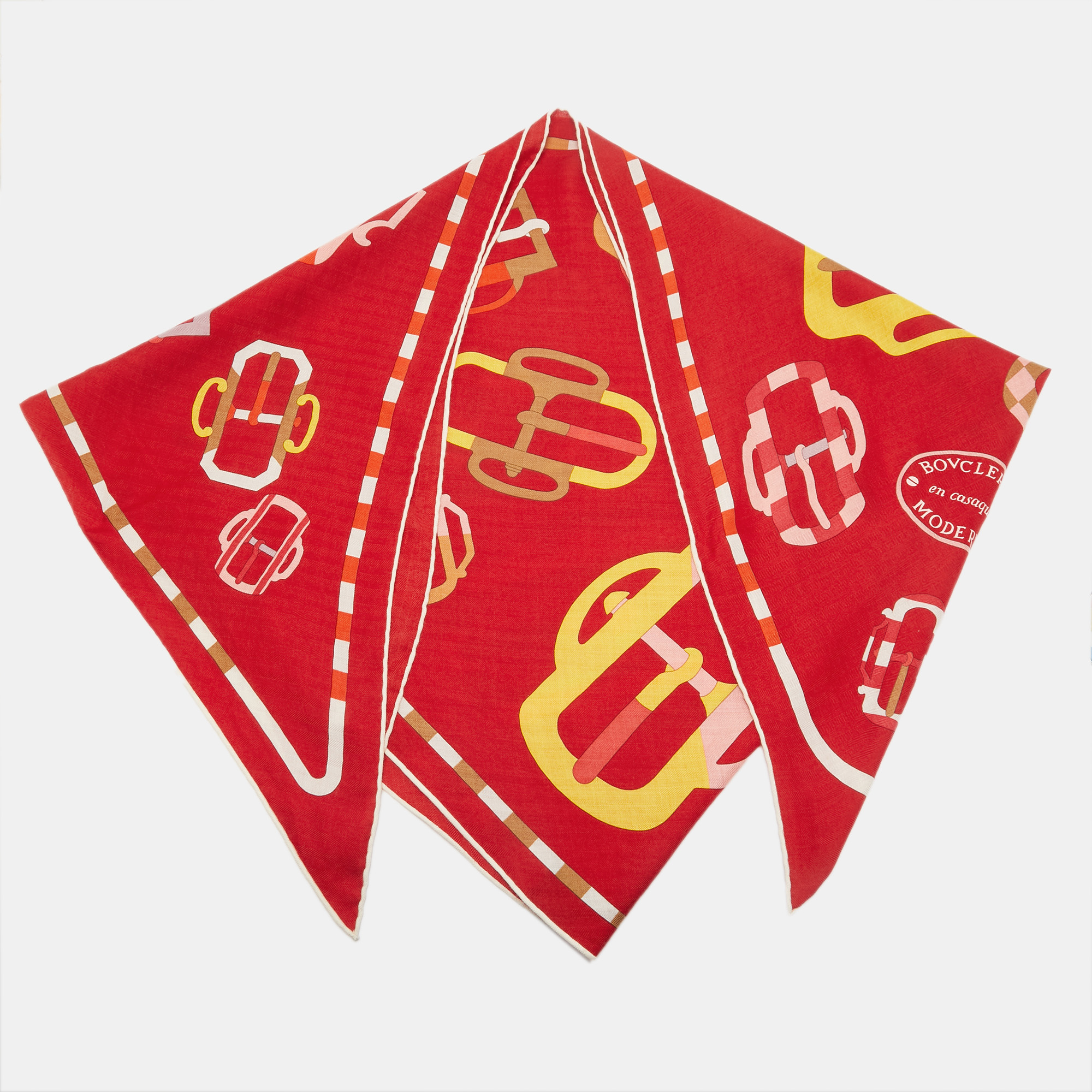 Pre-owned Hermes Hermès Red Printed Cashmere Blend Bouclerie Moderne En Casaques Giant Triangle Scarf